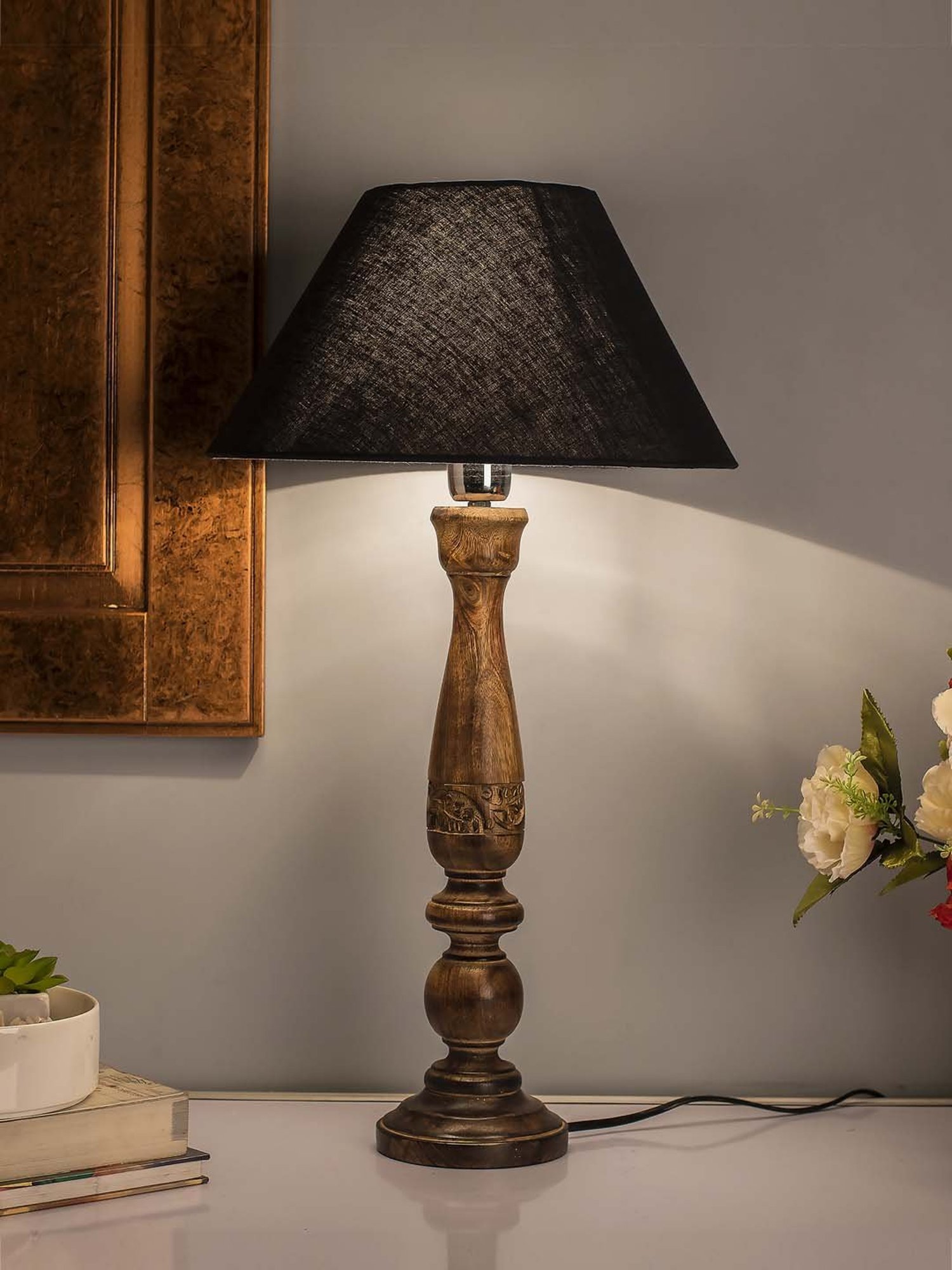 Homesake Black Floral Carved Wood Table Lamp with Shade (Bulb Included) - Set of 1