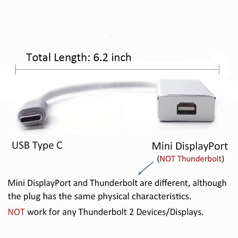 USB-C to Mini DisplayPort Adapter, USB 3.1 Type C (Thunderbolt 3) to Mini DP Adapter 4K Compatible with Lenovo T470, MacBook Pro to LED Cinema Display /Dell Monitor, etc - Silver