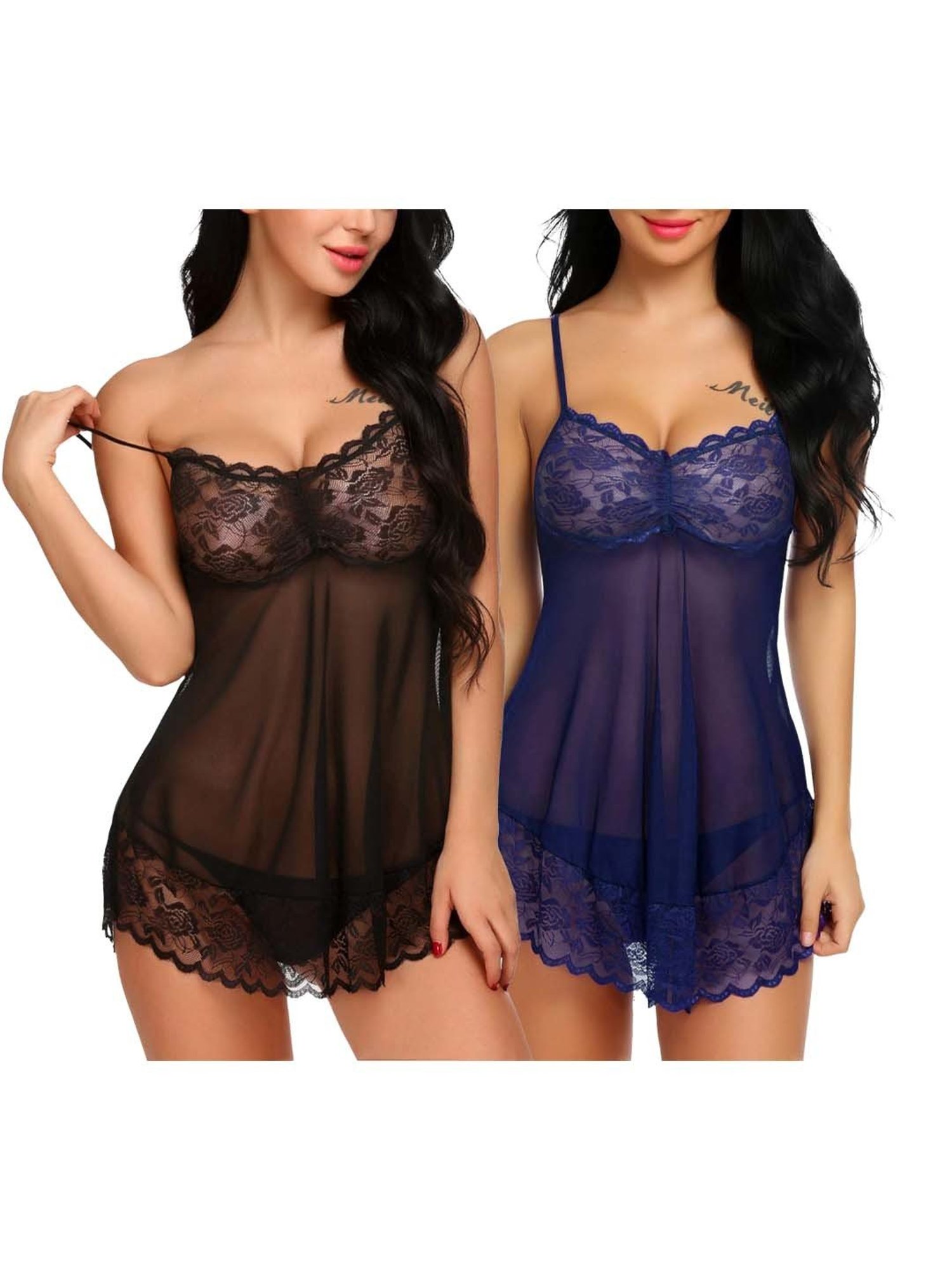 AROUSY Black & Blue Self Pattern Baby Dolls - Pack Of 2