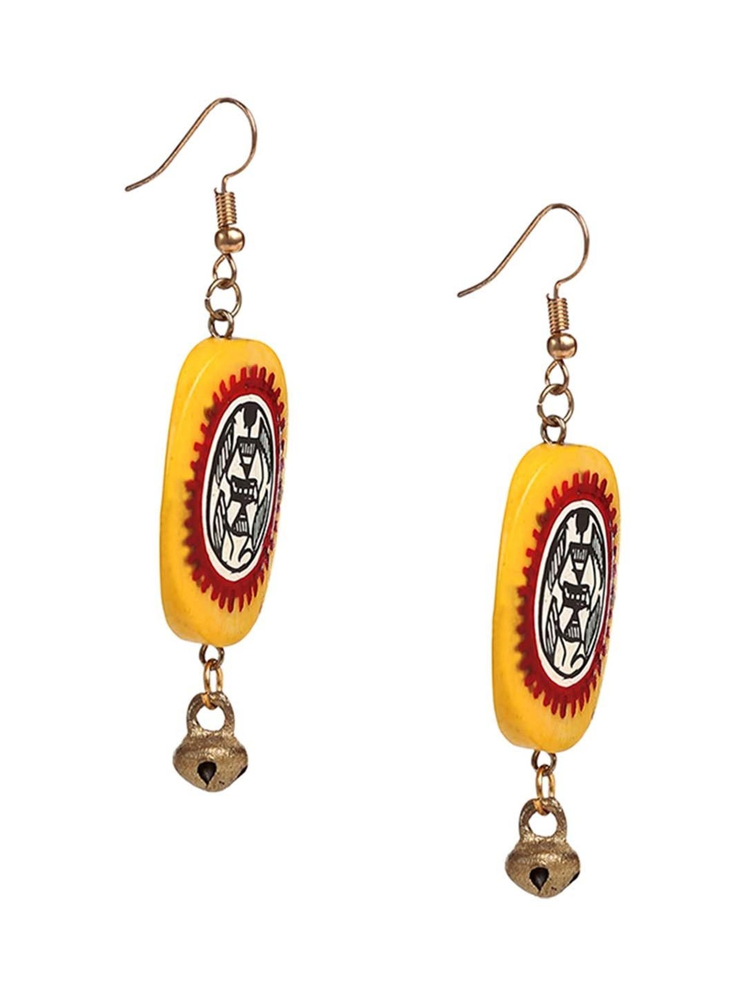 ExclusiveLane 'Tribal Warli Ovates' Amber Yellow & Red Resin Earrings Handpainted in Warli Art