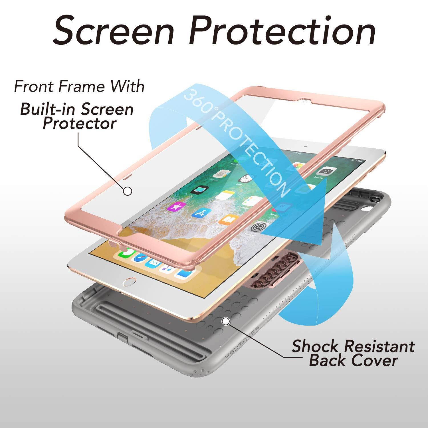 YOUMAKER Case for New iPad 9.7 2018/2017, Heavy Duty Kickstand with Built-in Screen Protector Full-Body Shockproof Protective Case Cover for Apple iPad 9.7 inch 2017/2018 5th/6th Gen (Rose Gold/Gray)