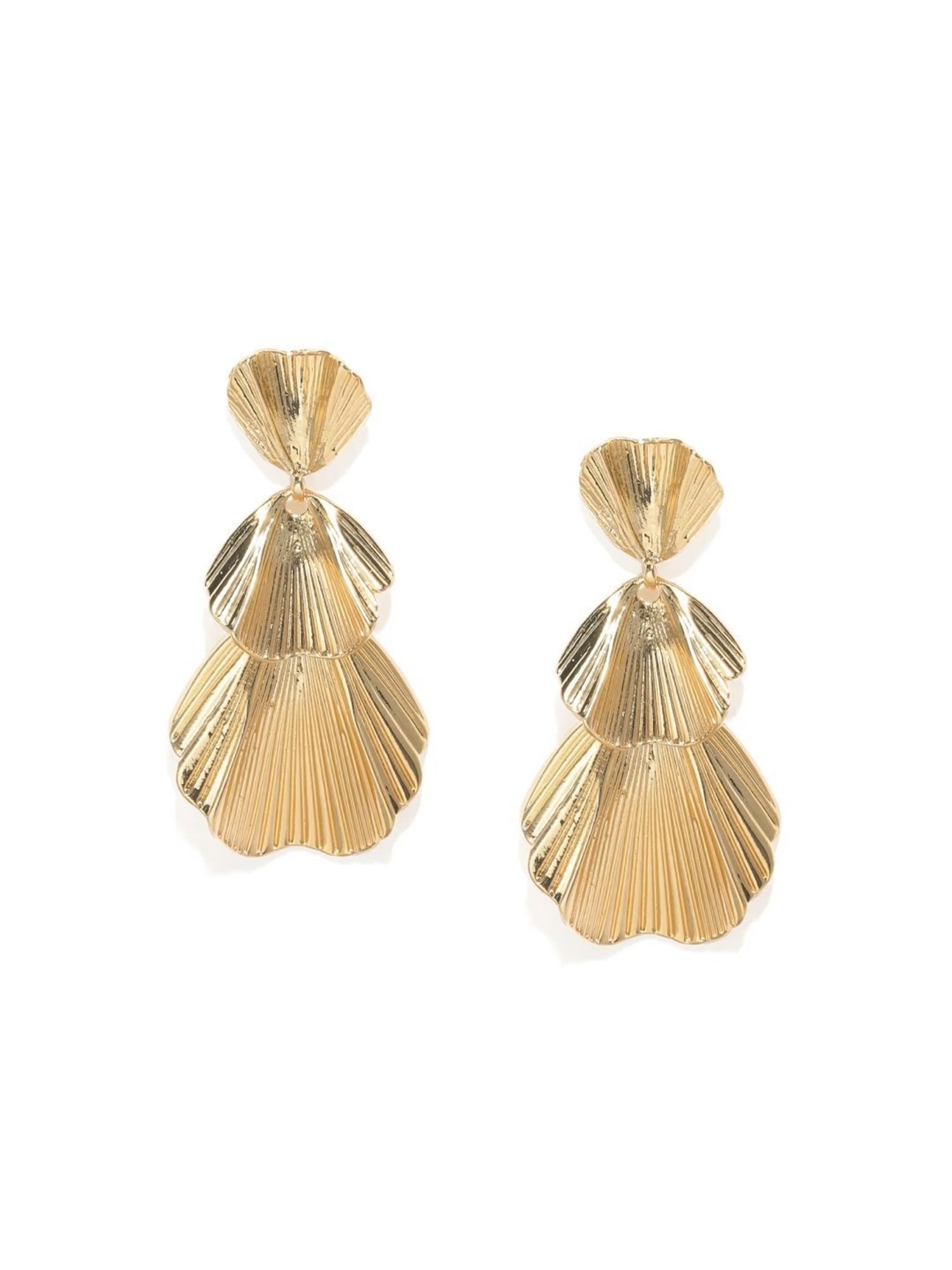 OOMPH Gold Tone Ribbed Retro Vintage Layer Petal Leaf Party Wear Dangler Earrings
