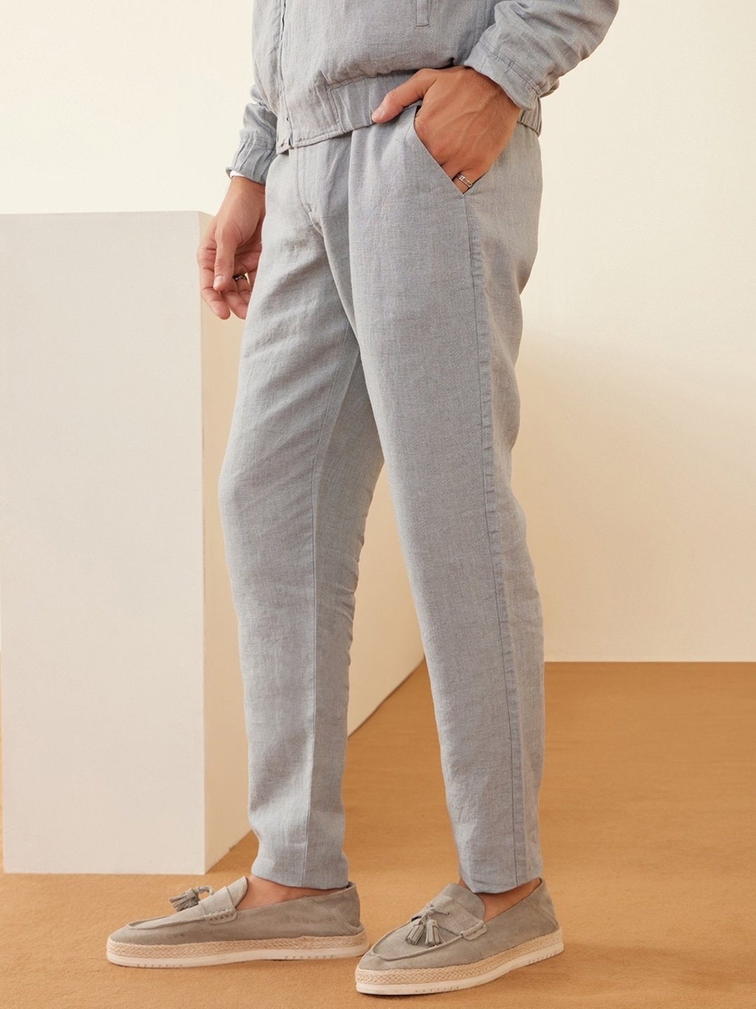Andamen Grey Linen Regular Fit Solid Trousers