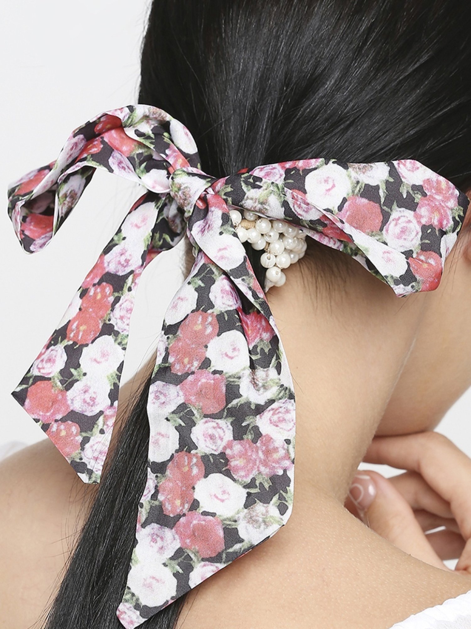 OOMPH Pink Satin & Pearls Hair Tie Scarf Scrunchy