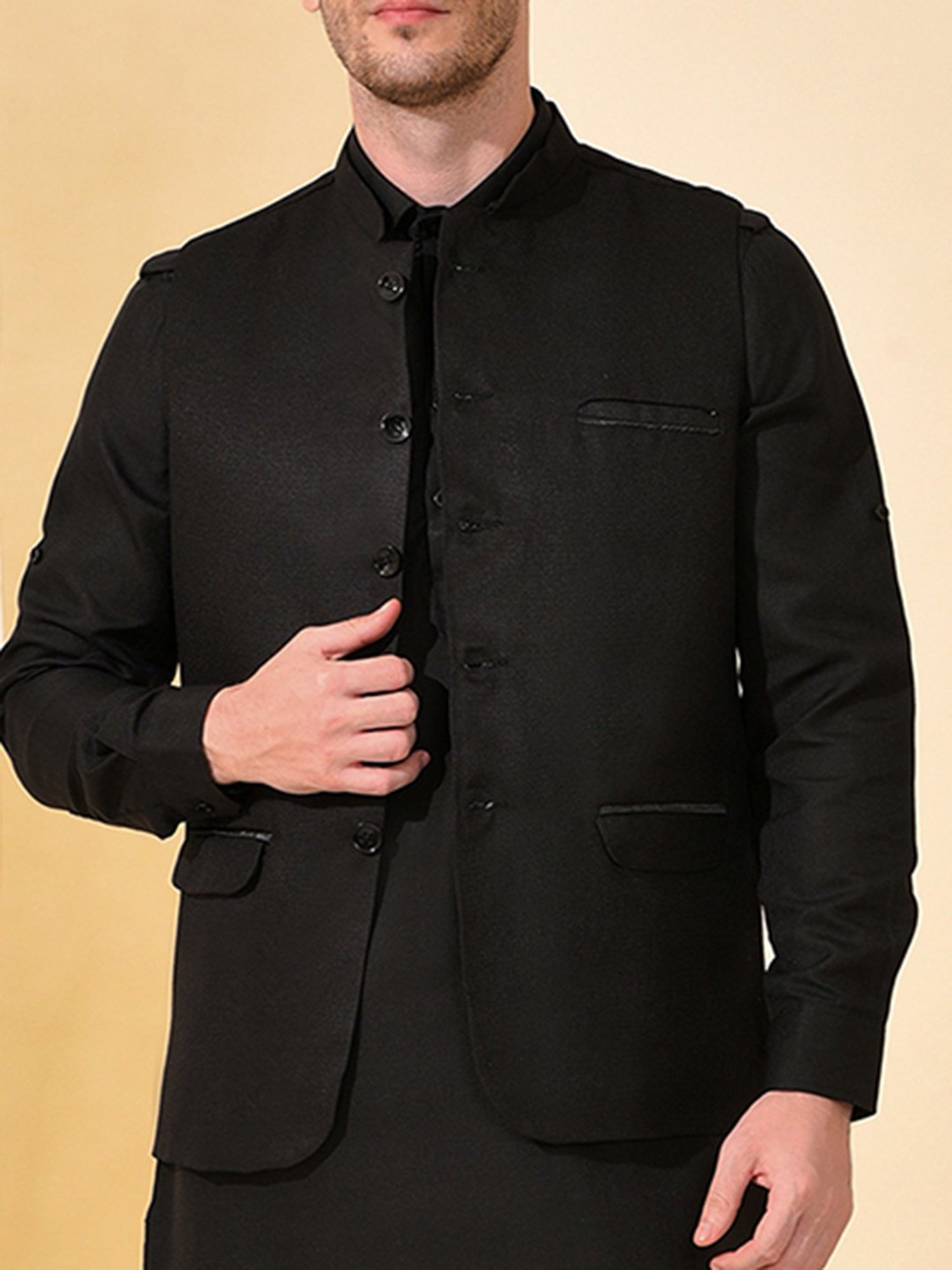 Hangup Plus Black Regular Fit Pathani Kurta & Pyjamas Set With Nehru Jacket