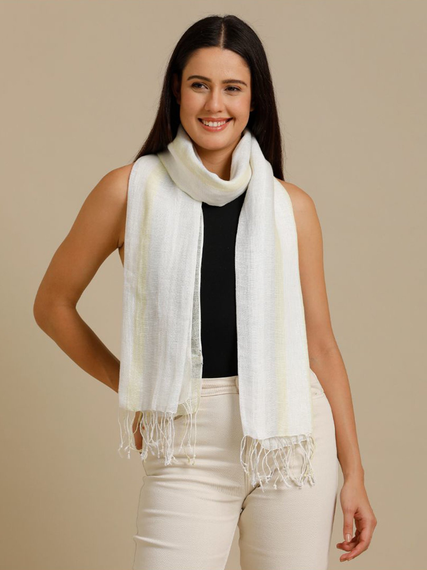 Linen Club White Striped Pure Linen Stole