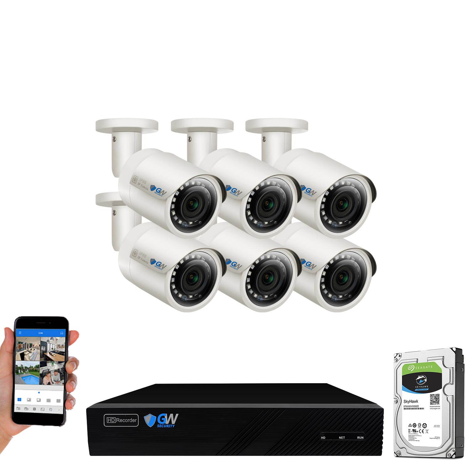 GW 8CH 4K H.265 NVR 5MP IP Security Camera System with (8) x IP PoE 1920P 5 Megapixels Outdoor/Indoor Wide Angle Microphone Bullet Cameras 100 Feet Night vision Motion Detection (2TB HDD)