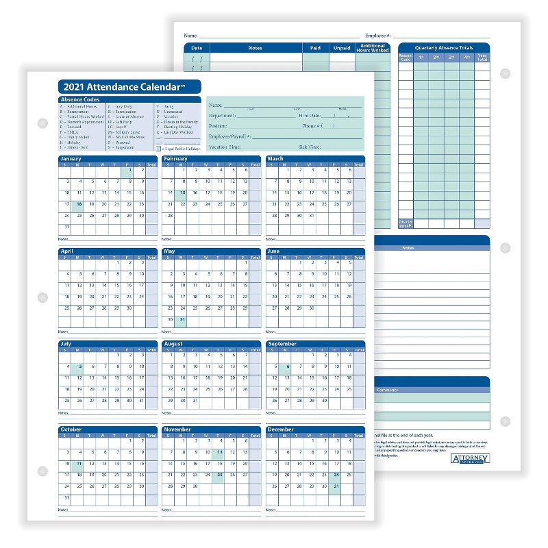 ComplyRight 2021 Attendance Calendar Card, White, Pack of 50 (A4000W50) 