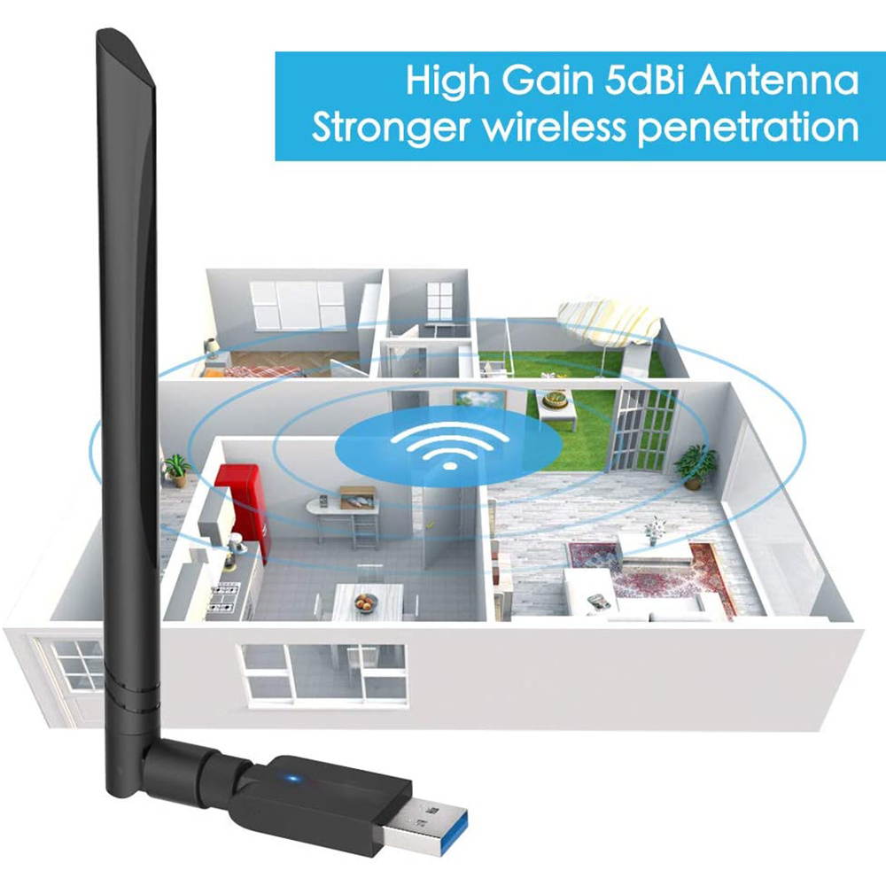 WiFi Adapter, AC1200 Dual Band (5.8G/Max 867Mbps & 2.4G/Max 300Mbps) Wireless Network USB 3.0 Wifi Dongle with 5dBi Antenna for PC/Desktop/Laptop, Support Windows XP Vista/7/8/8.1/10, Mac Os X