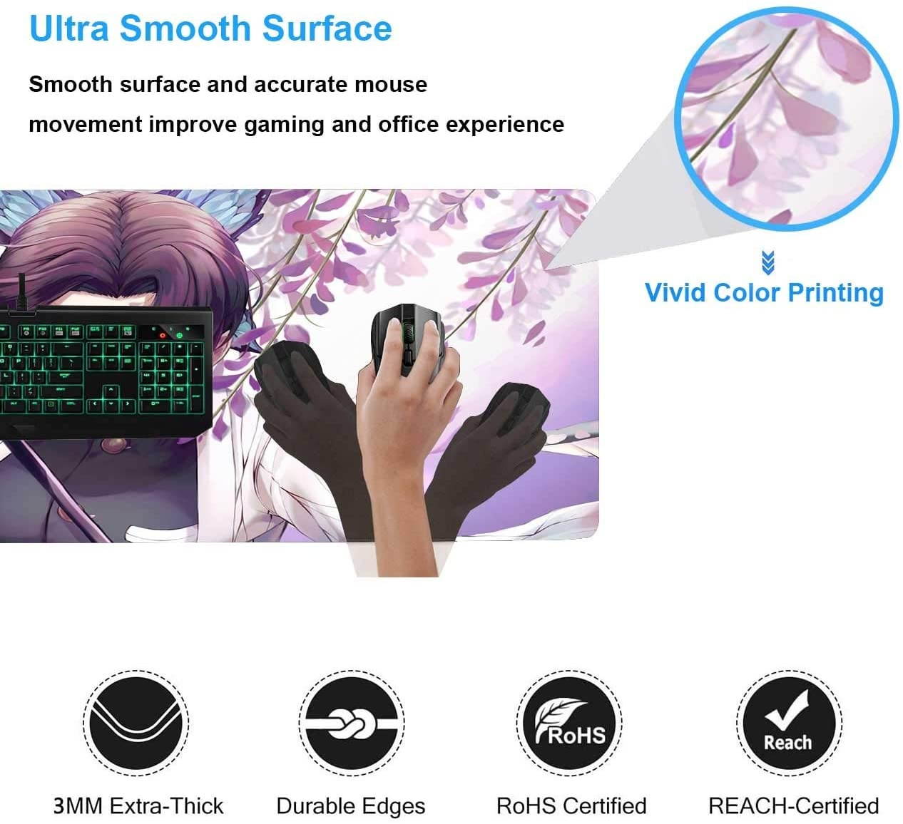 Mouse Pad Anime Demon Slayer Shinobu Kocho Katana Insect Pillar Kimetsu,Laptop Desk Pad,Mousepad with Stitched Edge Frame & Non-Slip Rubber Base,Computer Keyboard and Mice Pads Mouse Mat 29.5x15.7