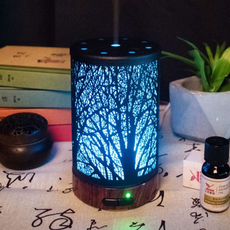 100ml Small Air Humidifier Night Light Aromatherapy Aroma Diffuser Oil Diffuser Trees Iron Art Air Diffuser Purifier Mist Maker for Home Office Yoga (US Plug)