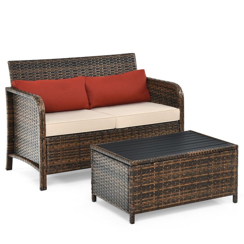 Costway 2PCS Patio Rattan Furniture Set Cushioned Loveseat Table Garden Deck