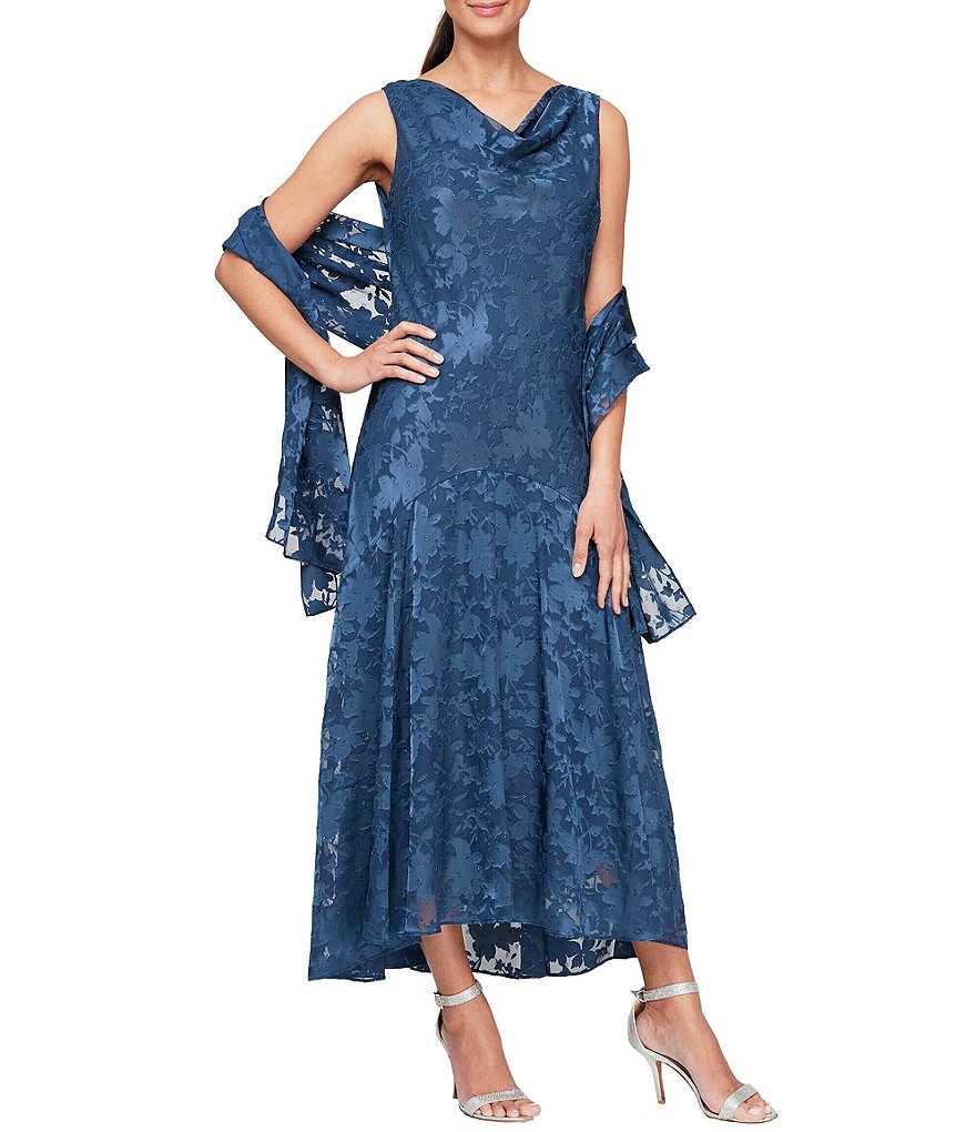 Alex Evenings Sleeveless Cowl Neck Floral Satin Burnout Dress