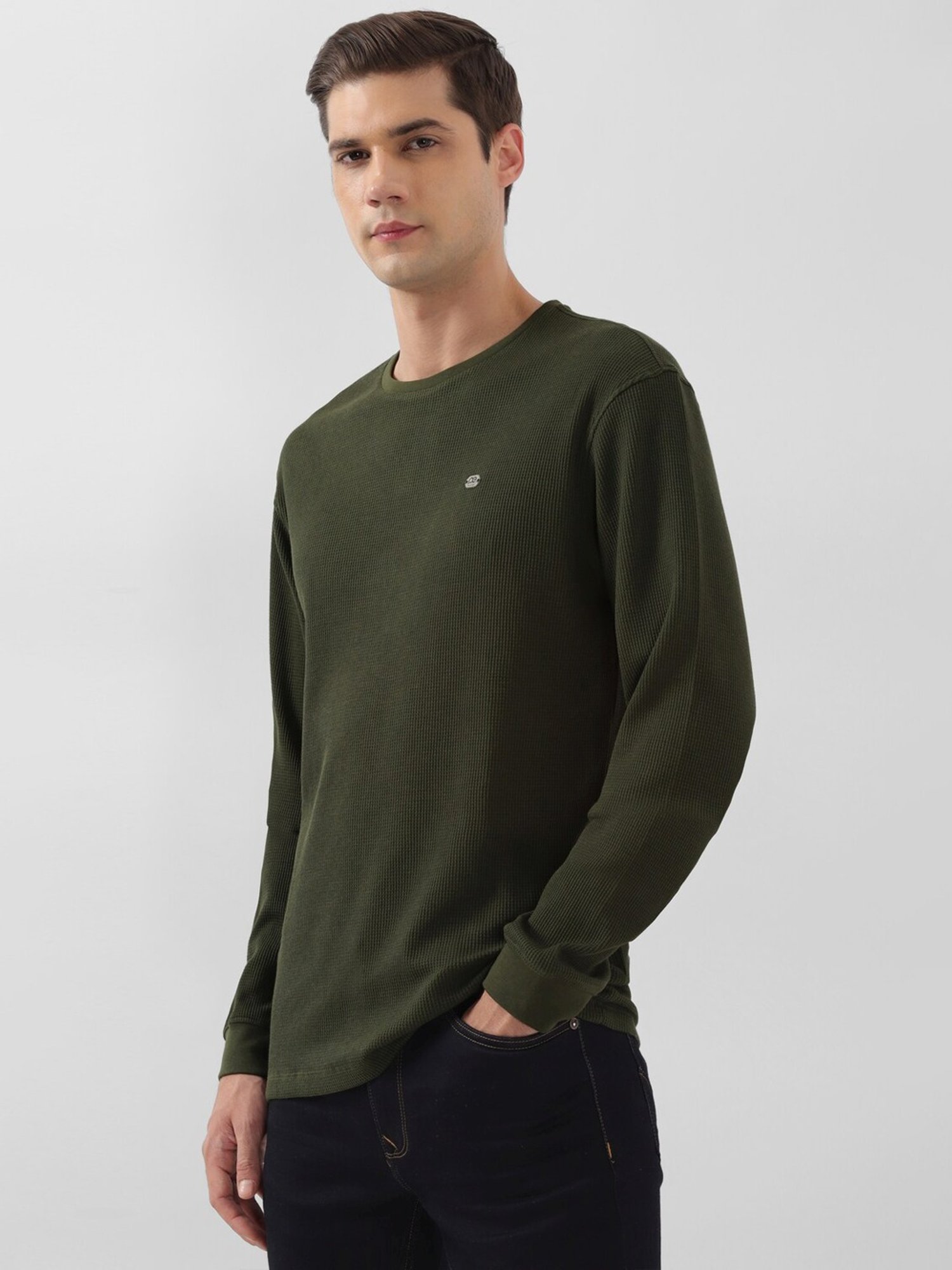 Peter England Green Regular Fit Texture T-Shirt