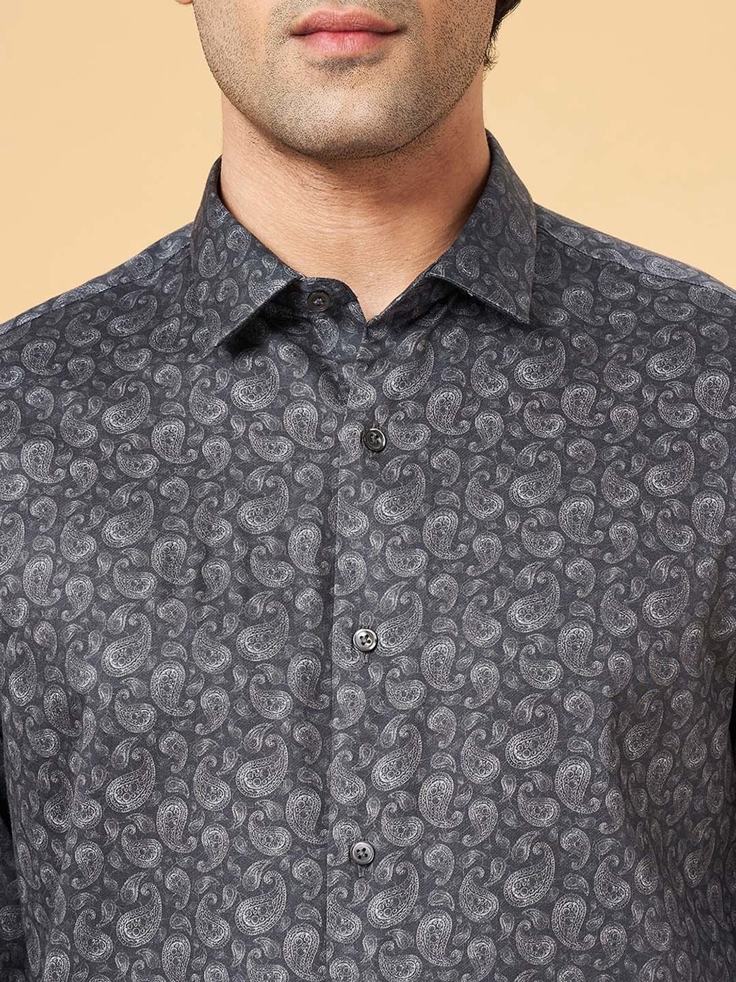 Peregrine by Pantaloons Charcoal Slim Fit Printed Shirt