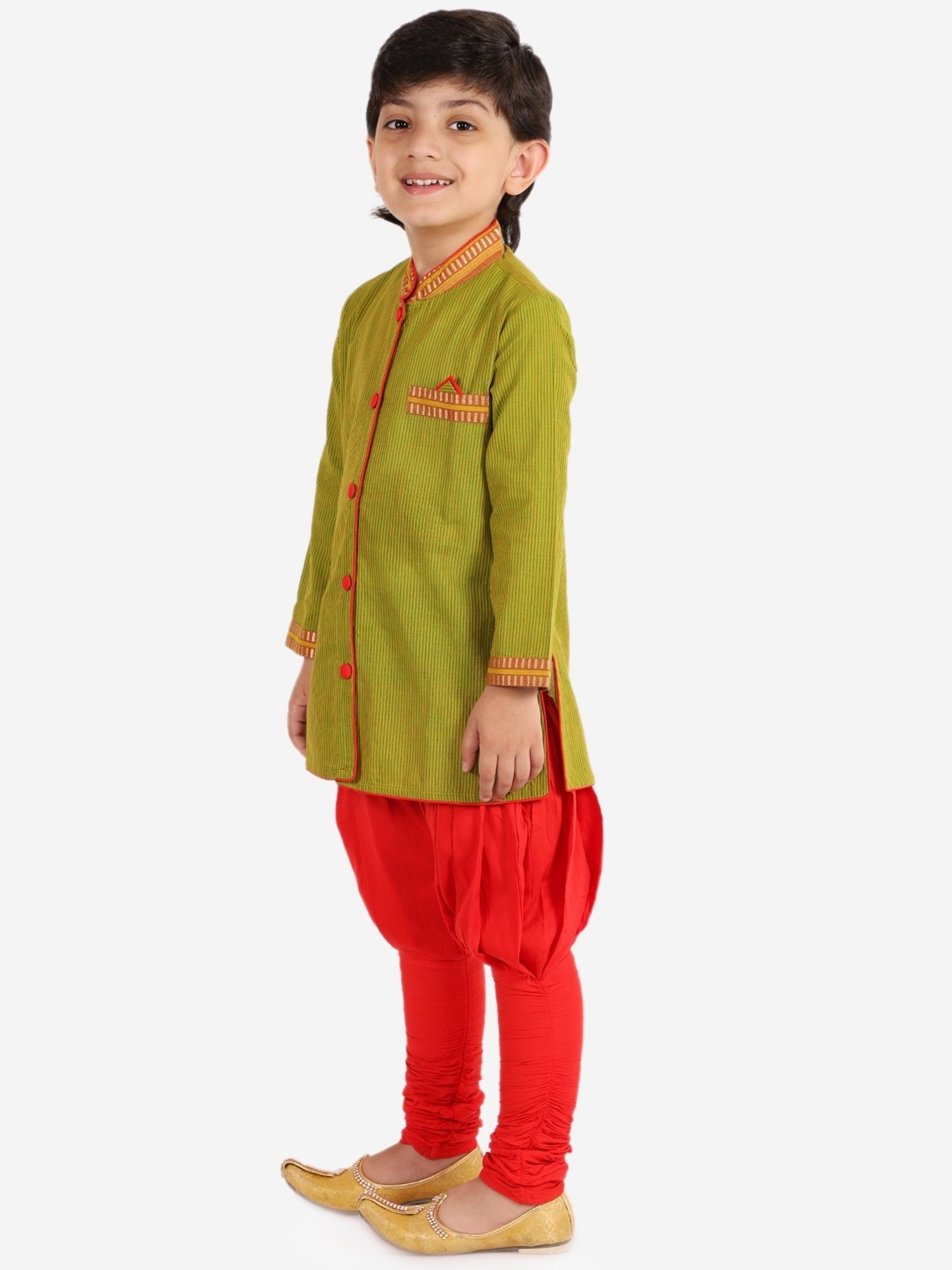 TWISHA Kids Green & Red Cotton Striped Full Sleeves Kurta Set