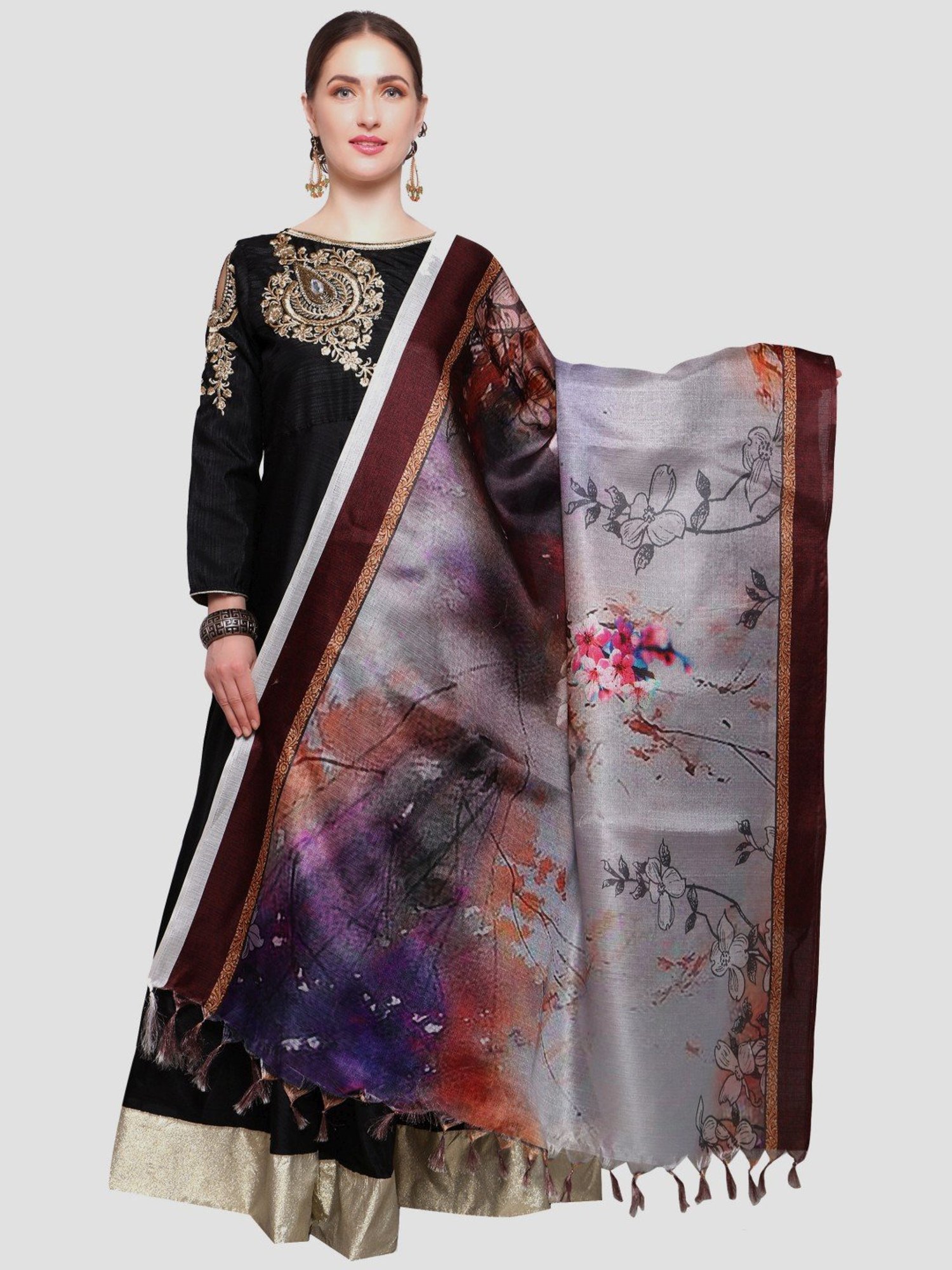 Saree Mall Grey Floral Print Dupatta