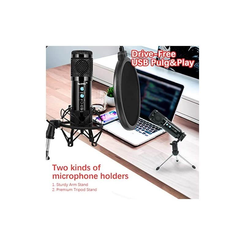 Condenser Microphone for Computer, Professional PC Microphone Kit with Noise Cancelling, Mute Button, Adjustable Metal Arm Stand, Great for Gaming, Podcast, LiveStreaming, Recording, Black