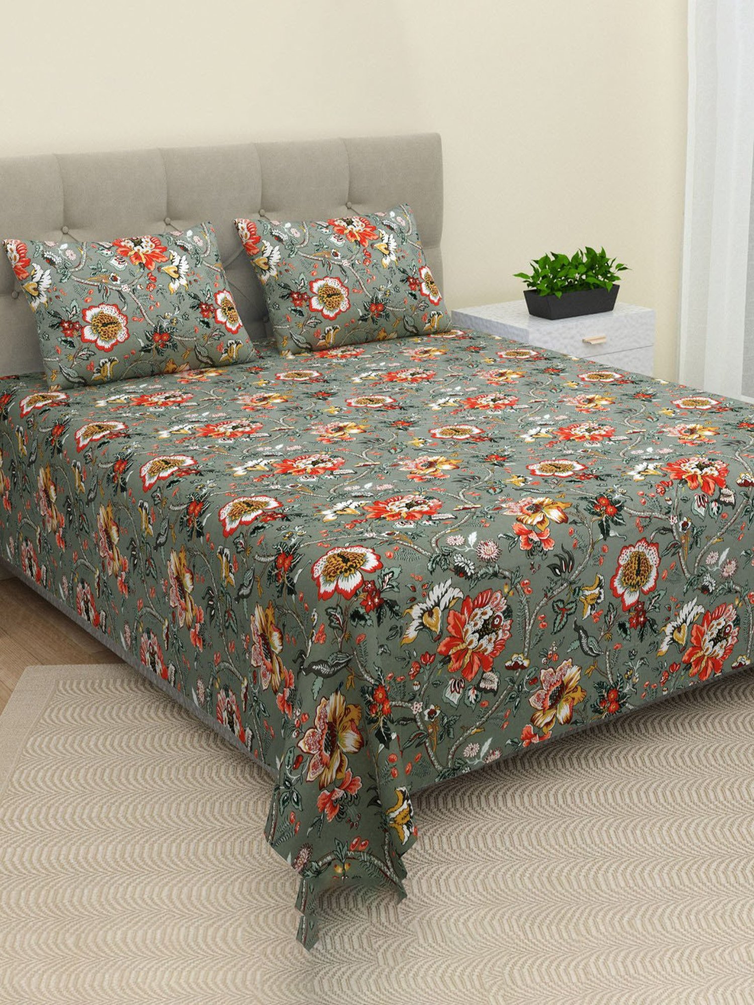 BELLA CASA Printed Green 220 TC Cotton King Bedsheet with 2 Pillow Covers