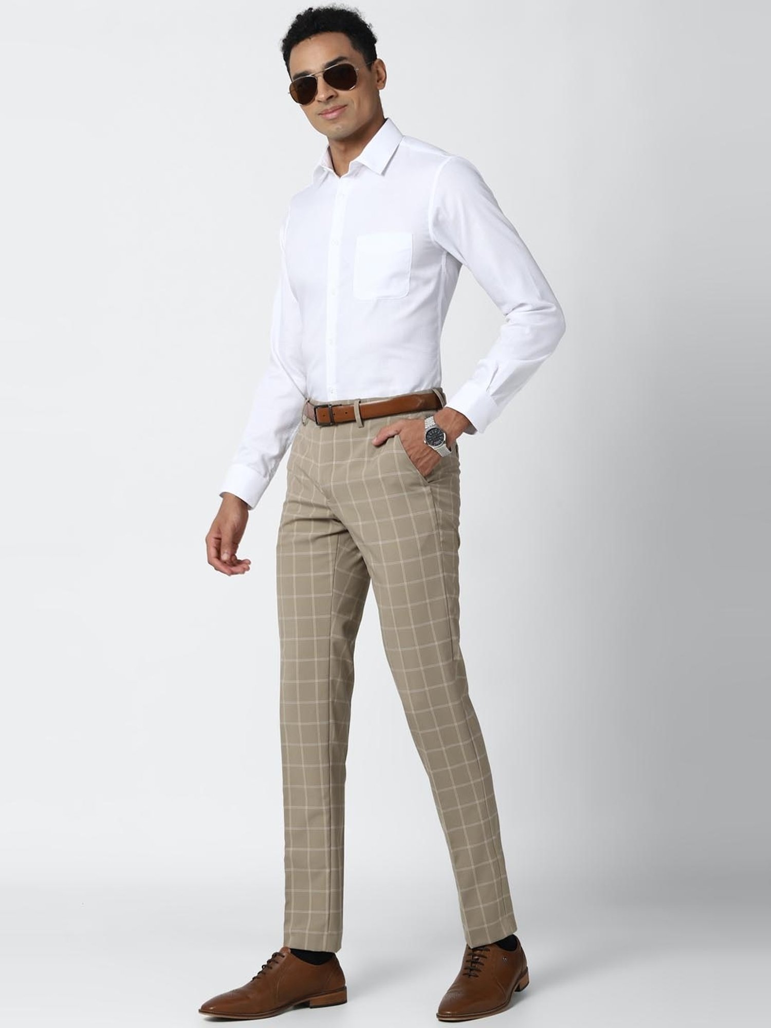 Peter England Khaki Slim Fit Checks Trousers