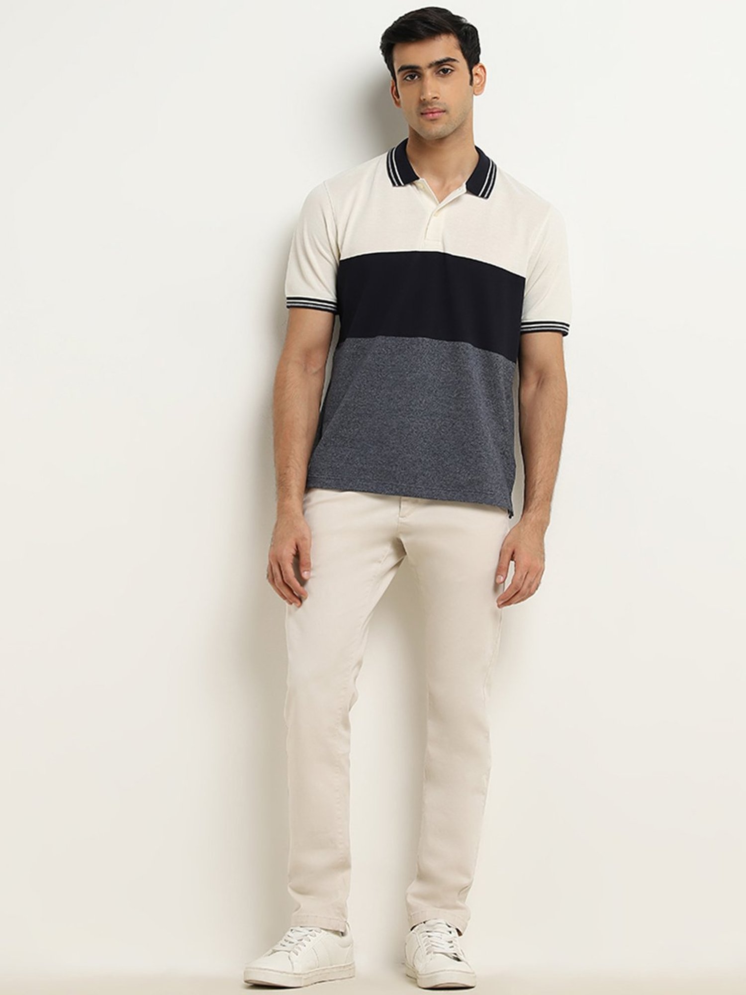 WES Casuals by Westside Navy Colour-Blocked Relaxed-Fit Polo T-Shirt