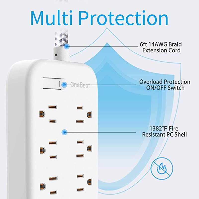 Outlets Power Strip Flat Plug with 3 USB Charing Ports 31A 15W Ft Braided Extension Cord Wall Mountable Outlet Extender with Overload Protection Switch for Home Office Cruise Ship White