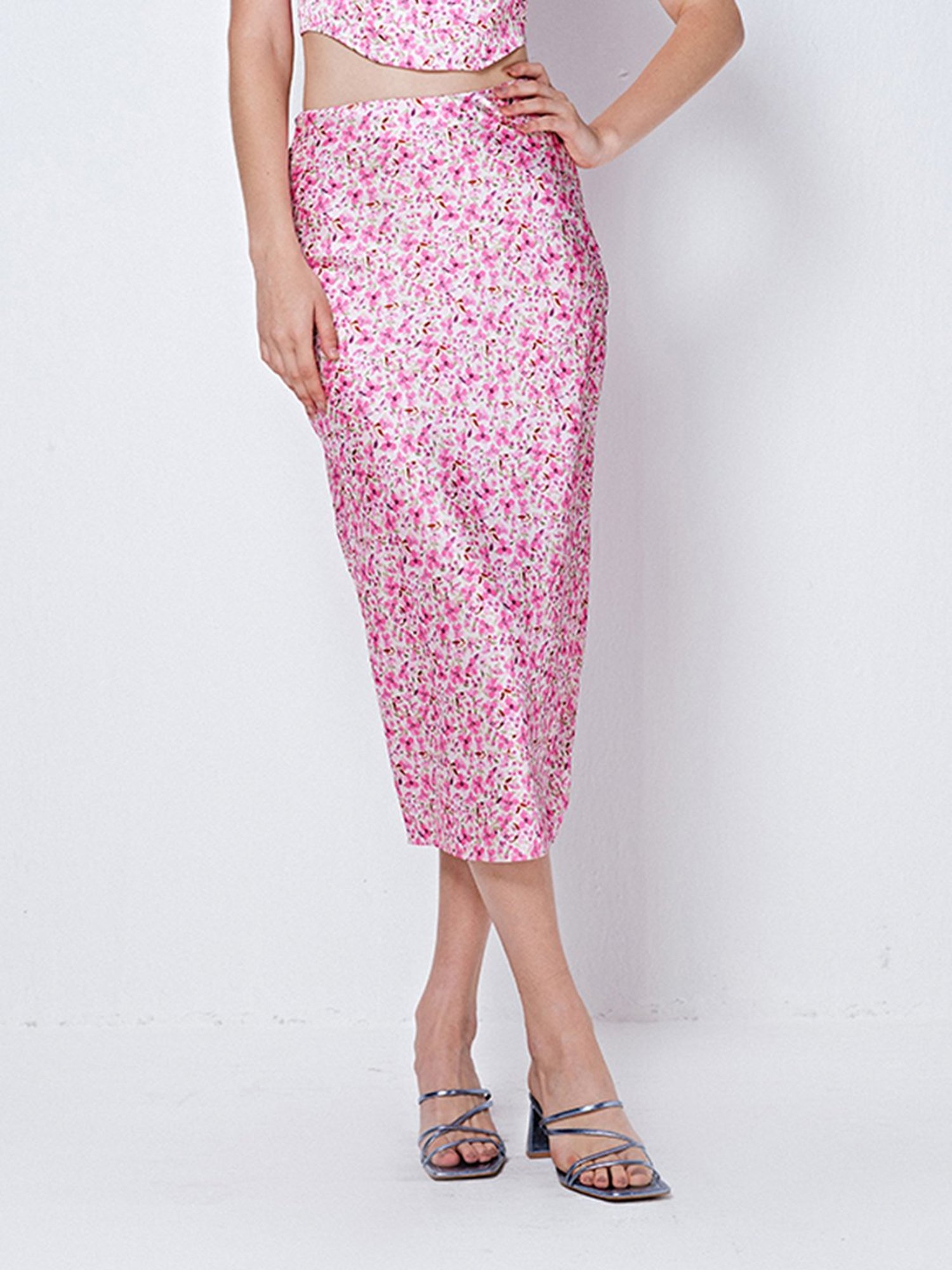 Cover Story Pink Floral Print A-Line Midi Skirt