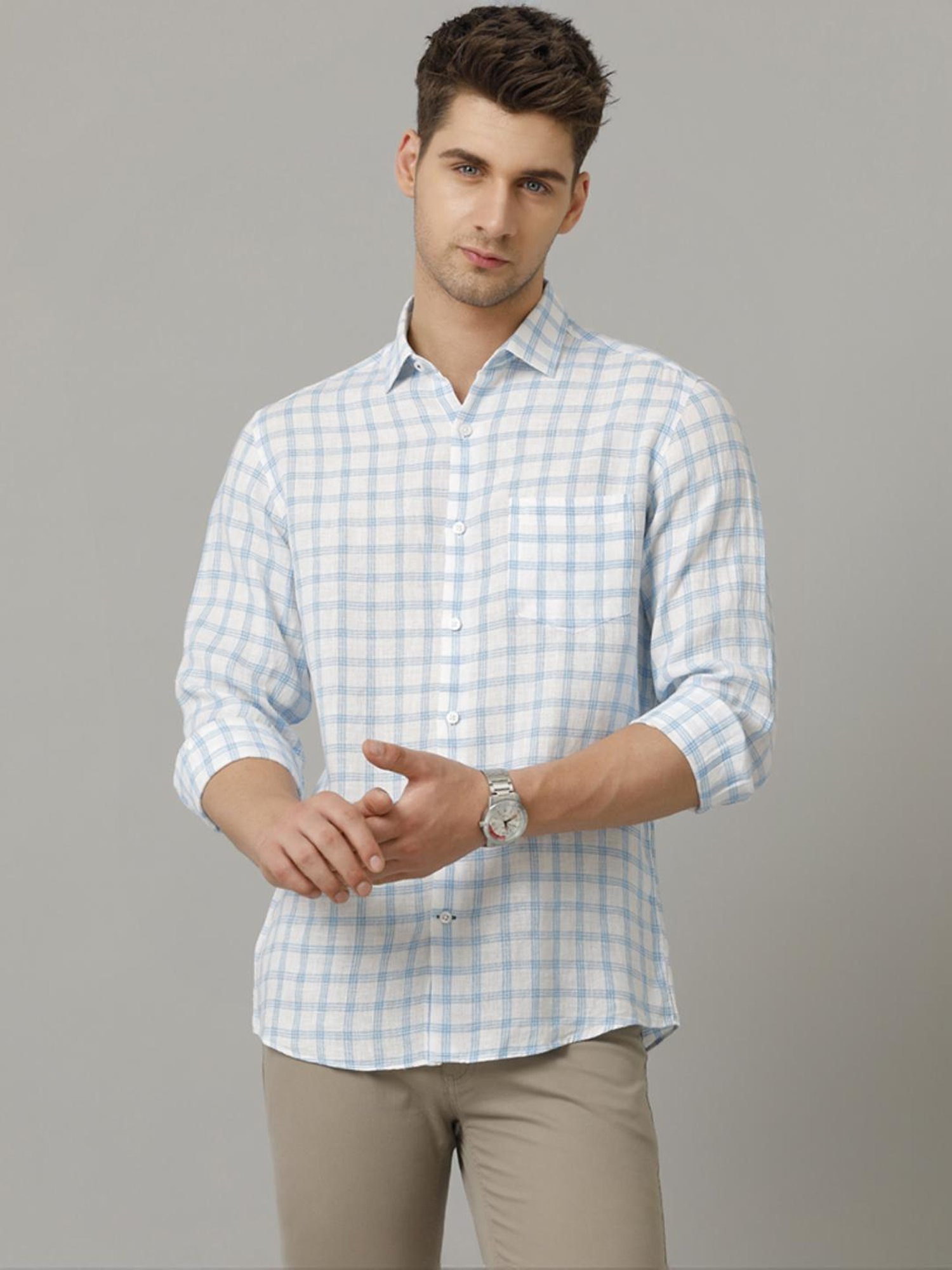Linen Club Blue Linen Contemporary Fit Checks Shirt