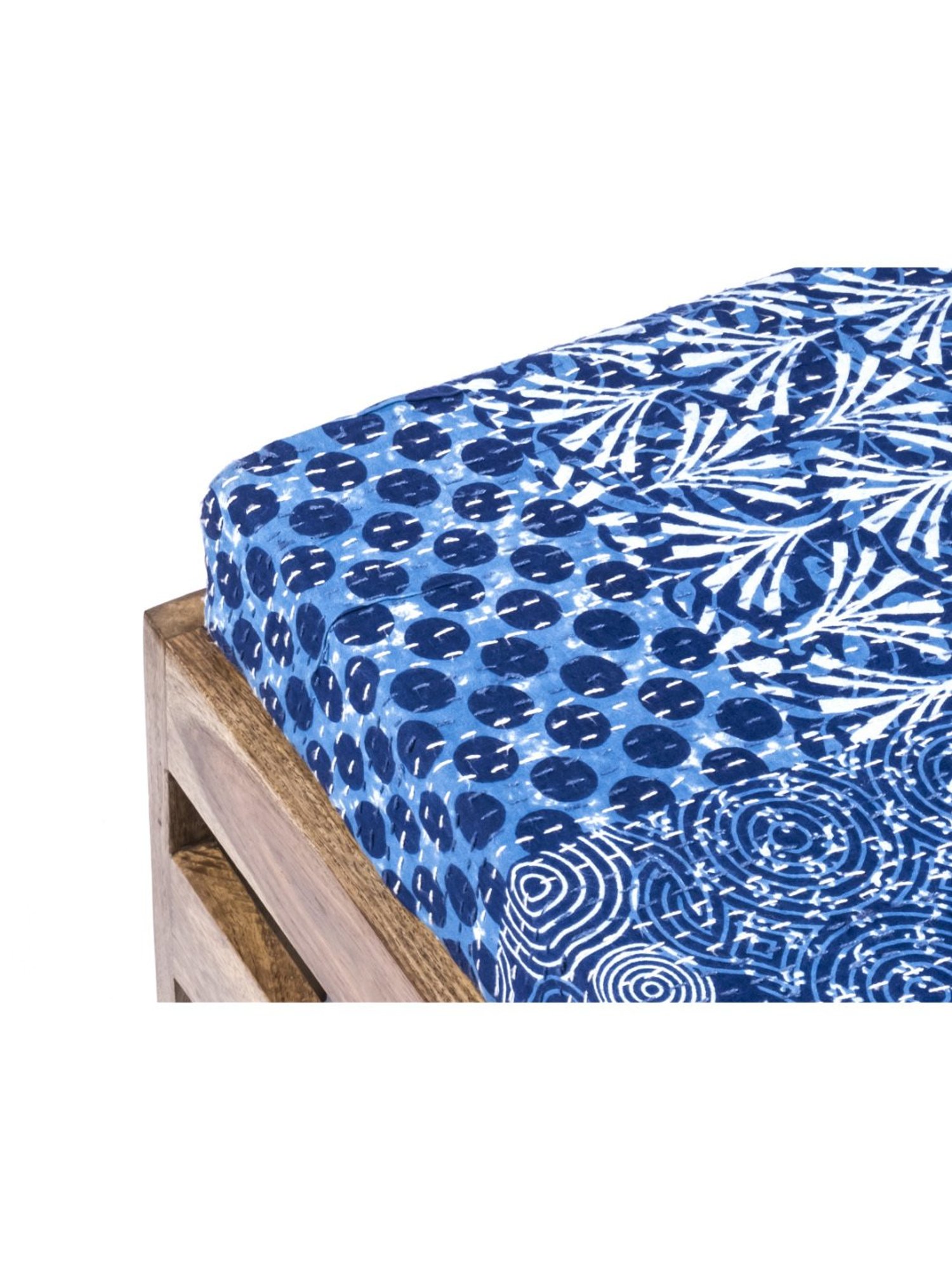 Ikiriya Amber Printed Blue & Brown Wood Foot Stool Teak Finish