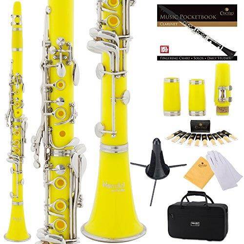 mendini by cecilio b flat beginner student clarinet with 2 barrels, case, stand, book, 10 reeds, mouthpiece and warranty yellow