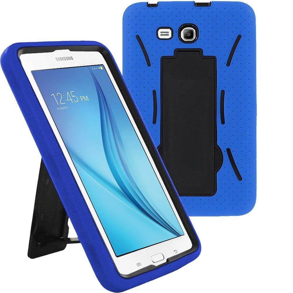 Samsung Galaxy Tab 3 7" LITE SM-T110 Drop Protection Hybrid Case Full Body Silicone Plastic Cover featuring Built-In Kickstand and Screen Protector - Black / Blue by KIQ (TM)