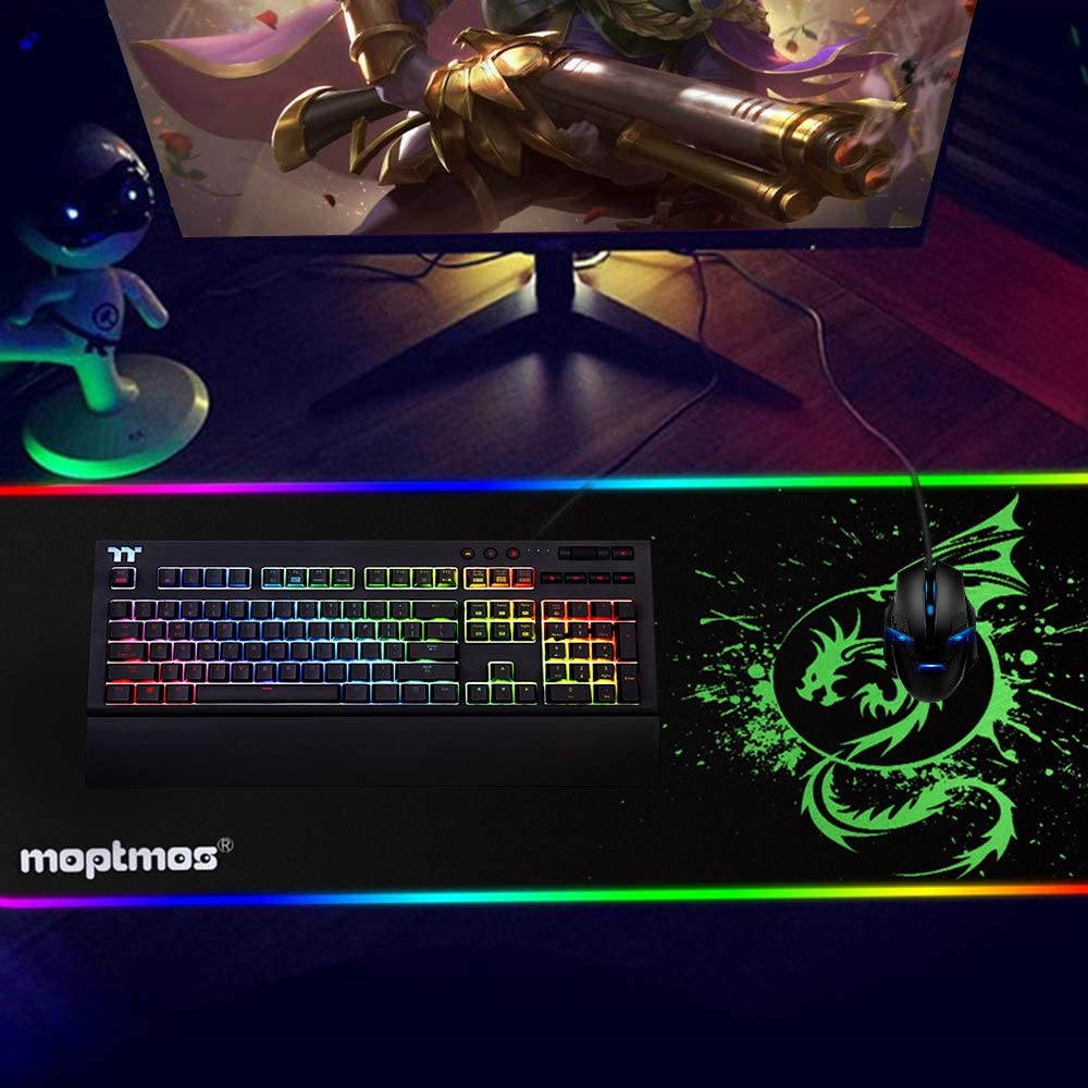 RGB Gaming Mouse Pad, Soft Extra Large LED Mouse Pad with 15 Lighting Modes,Anime Dragon Mouse Pad Mat,Smooth Surface Waterproof Gamer Mouse Pad for Computer 31.5 X 12 Inch (Green)