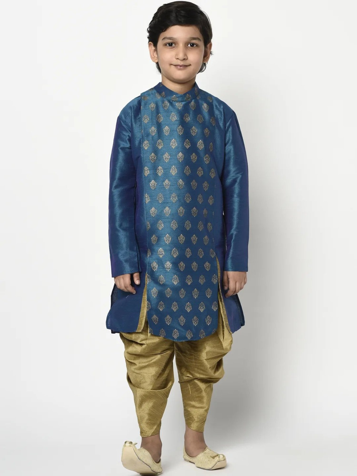 Deyann Kids Blue & Gold Self Design Full Sleeves Kurta with Dhoti