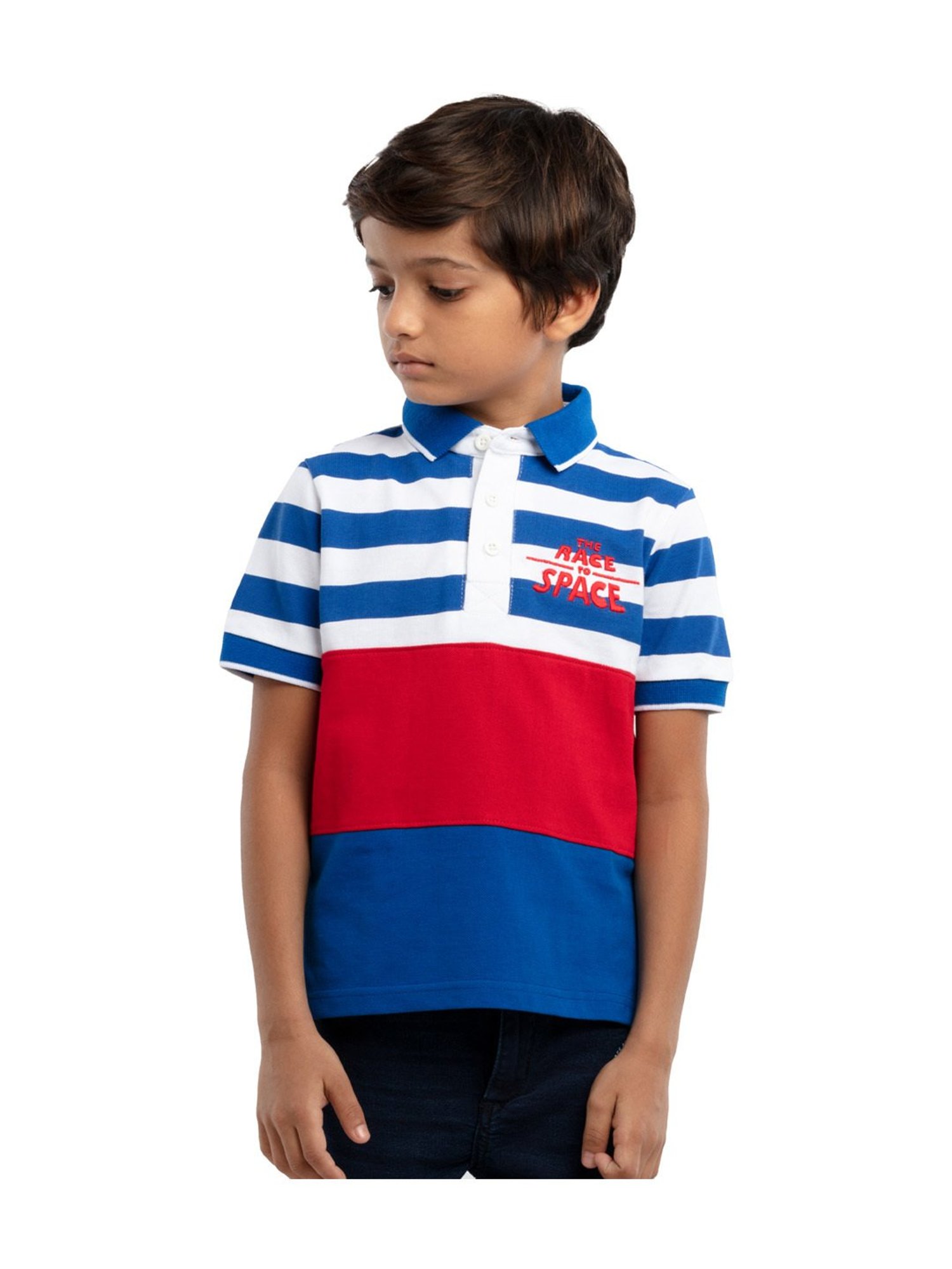 Under Fourteen Only Kids Blue & White Color Block Polo T-Shirt