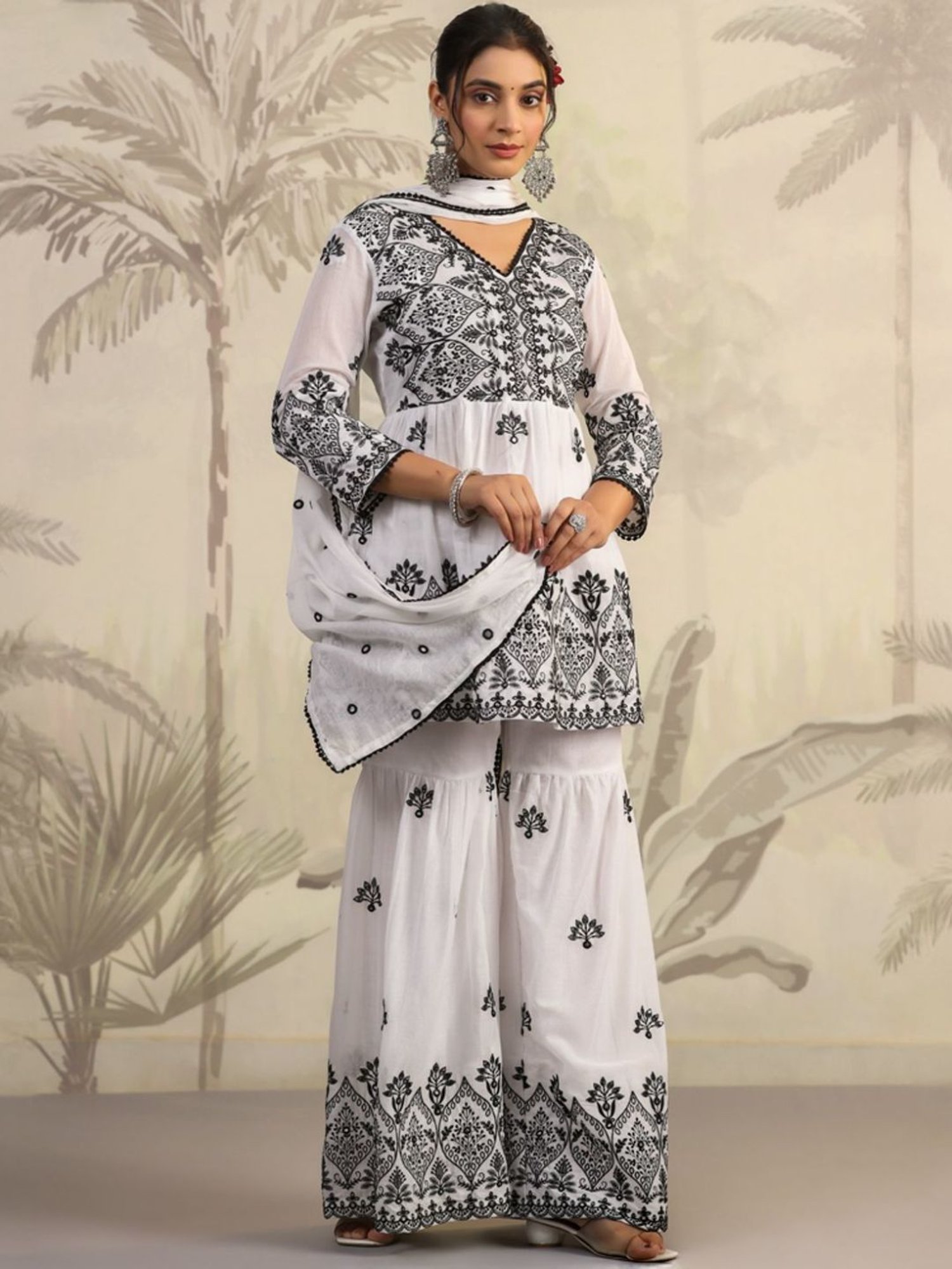 SCAKHI White Mulmul Sequin And Mirror Embroidered Peplum Kurta With Sharara And Dupatta