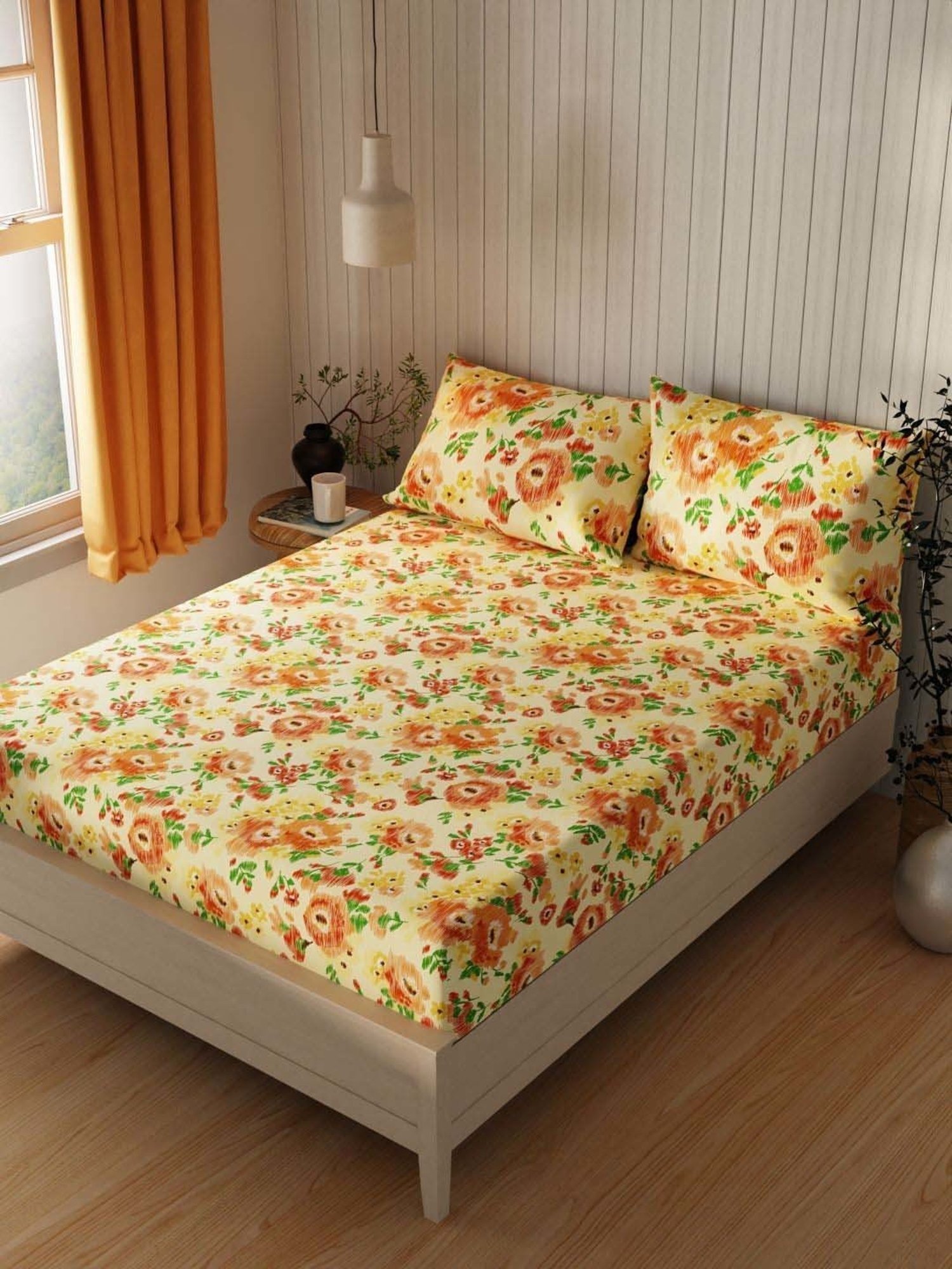 BIANCA Lopez Yellow & Orange Cotton 120 TC Kopa Extra Smooth Double Bed Sheet With Pillow covers