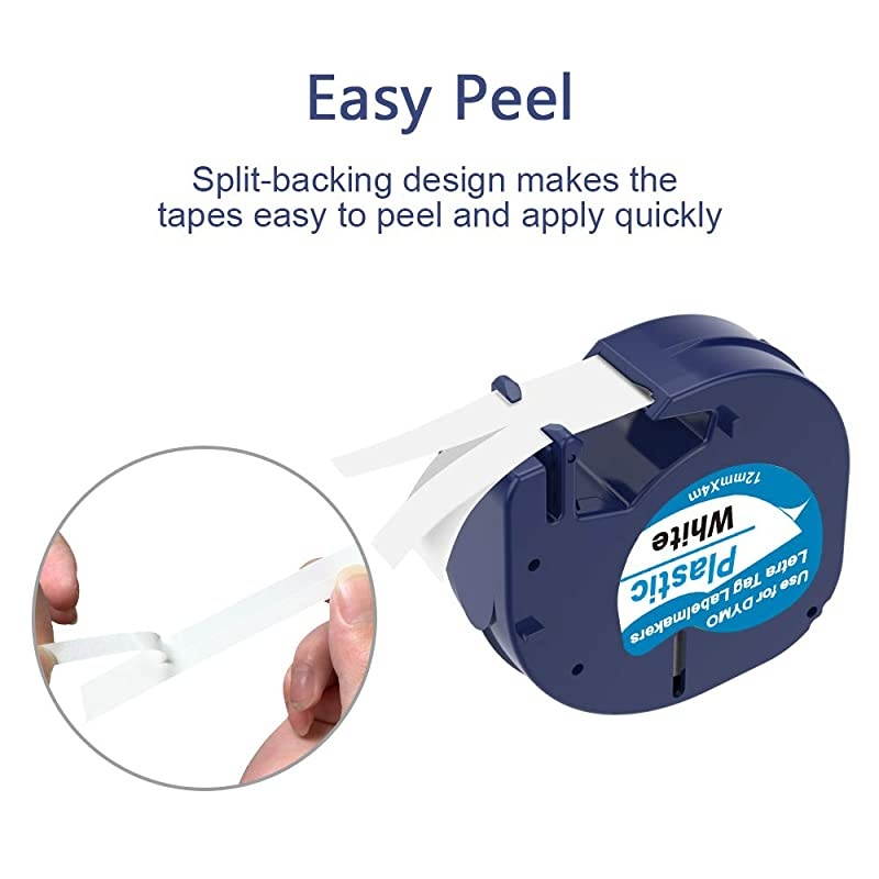 DYMO LetraTag Refills 91331 White Plastic Label Tape 12mm x 4m (1/2" x 13') Compatible with Dymo Letra Tag Label Maker LT100H LT100T QX50, 5-Pack