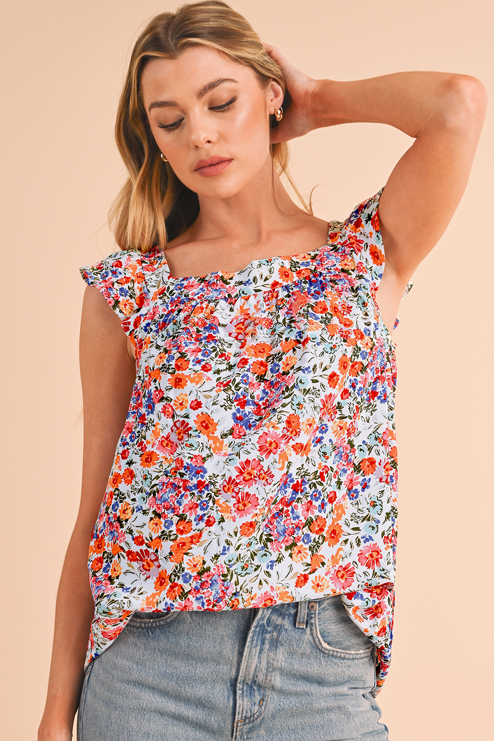 Rose Red Boho Floral Square Neck Flutter Sleeveless Top
