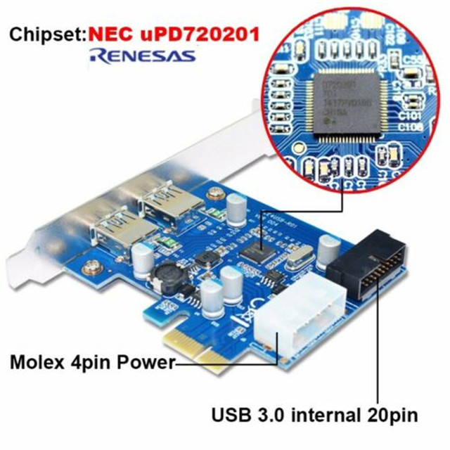 2 USB3.0 Port+19pin Header PCI-e x1 Card PCI Express USB 3.0 w/ Molex 4P IDE