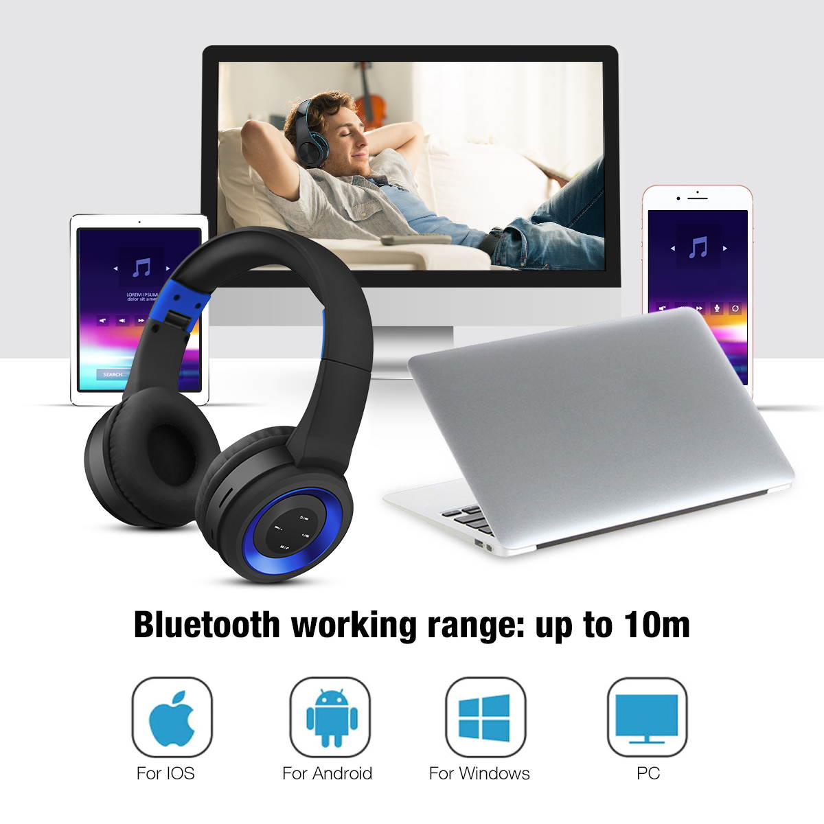 Wireless Bluetooth Headphones over Ear Stereo Super Bass Built-in Mic Foldable Headset Earphone for PC, Smart Phone, Tablet, Speakers