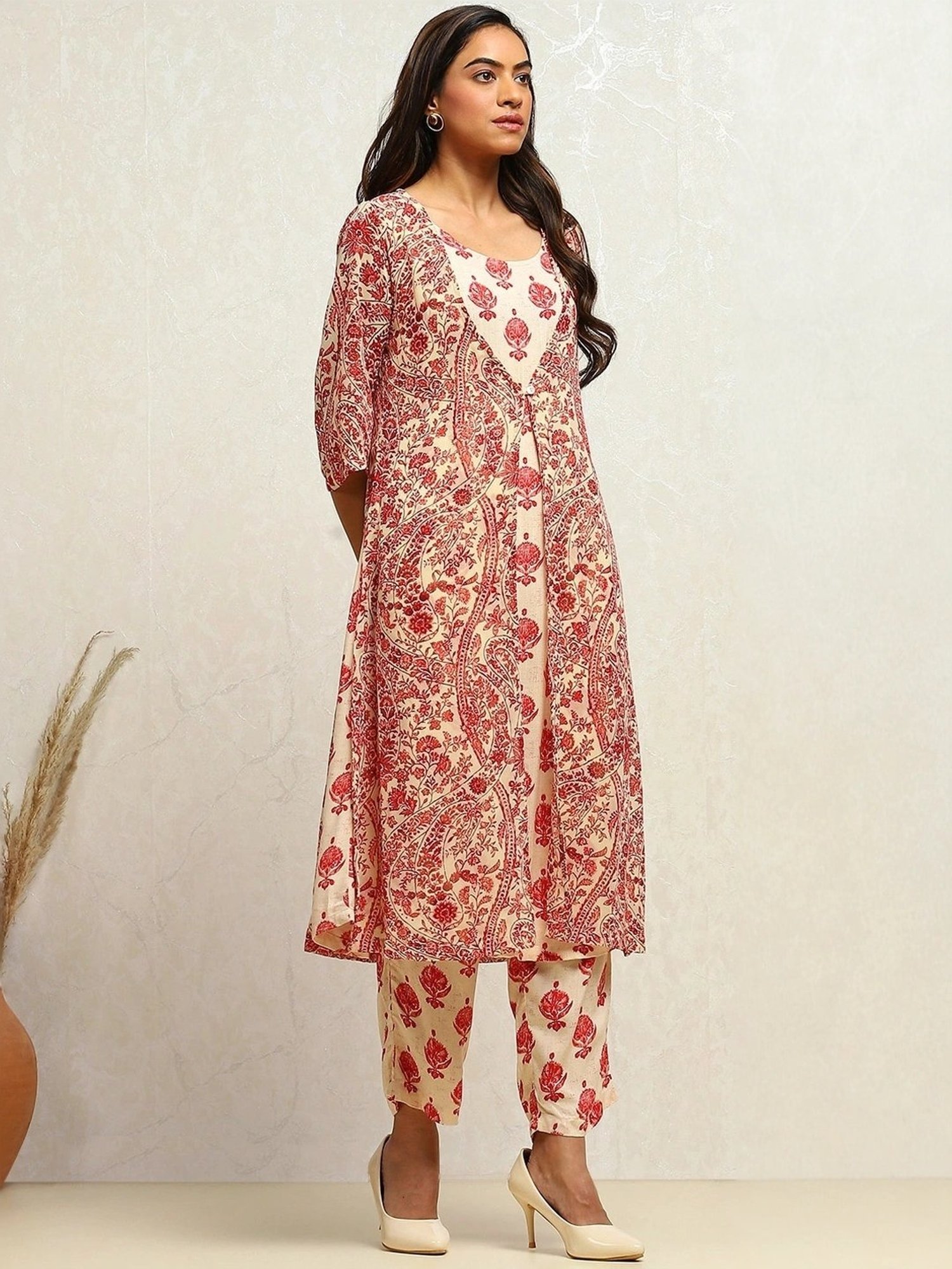 Biba Cream Printed Kurta Palazzo Set With Shrug