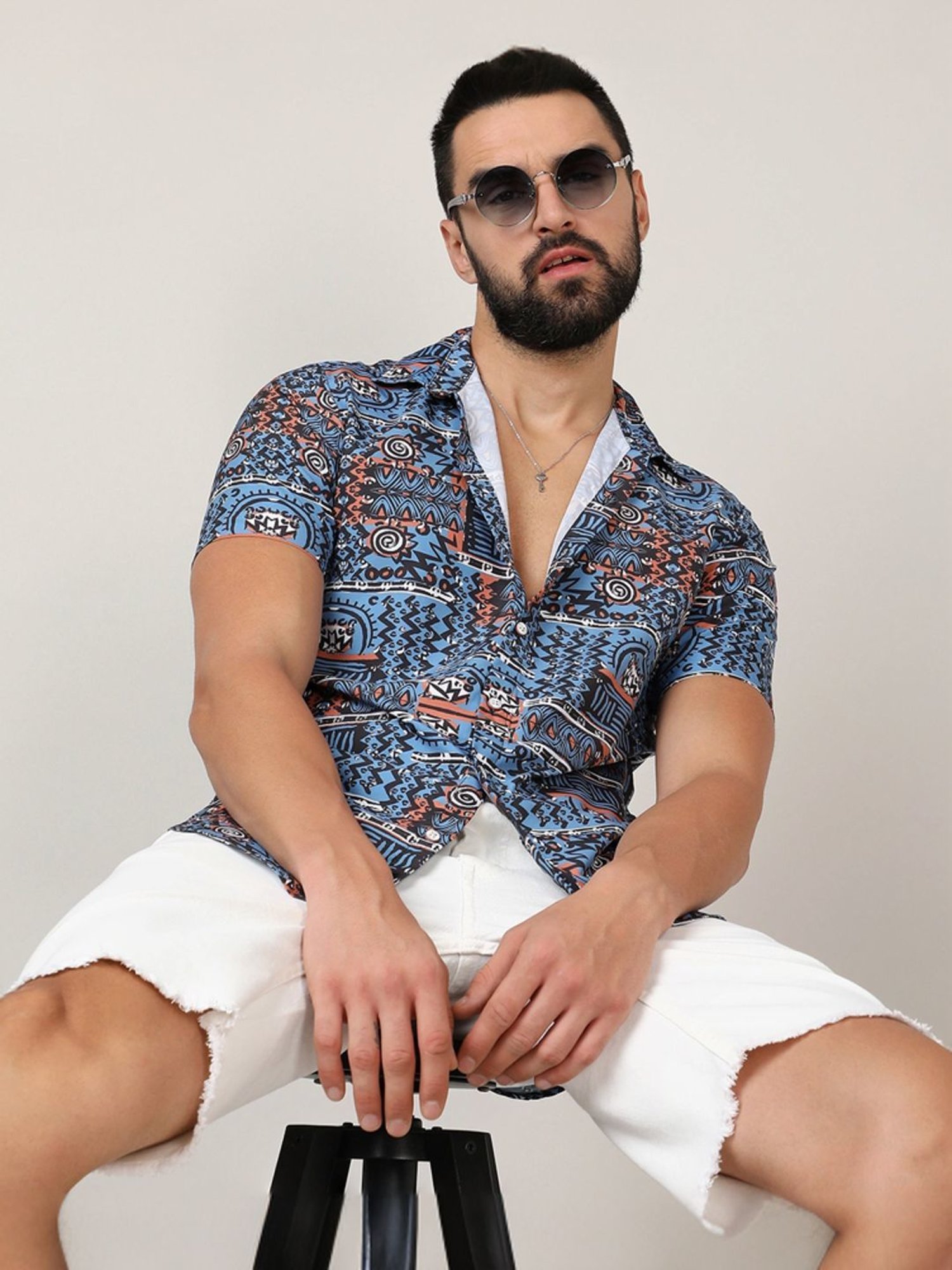 Campus Sutra Blue Regular Fit Printed Shirt