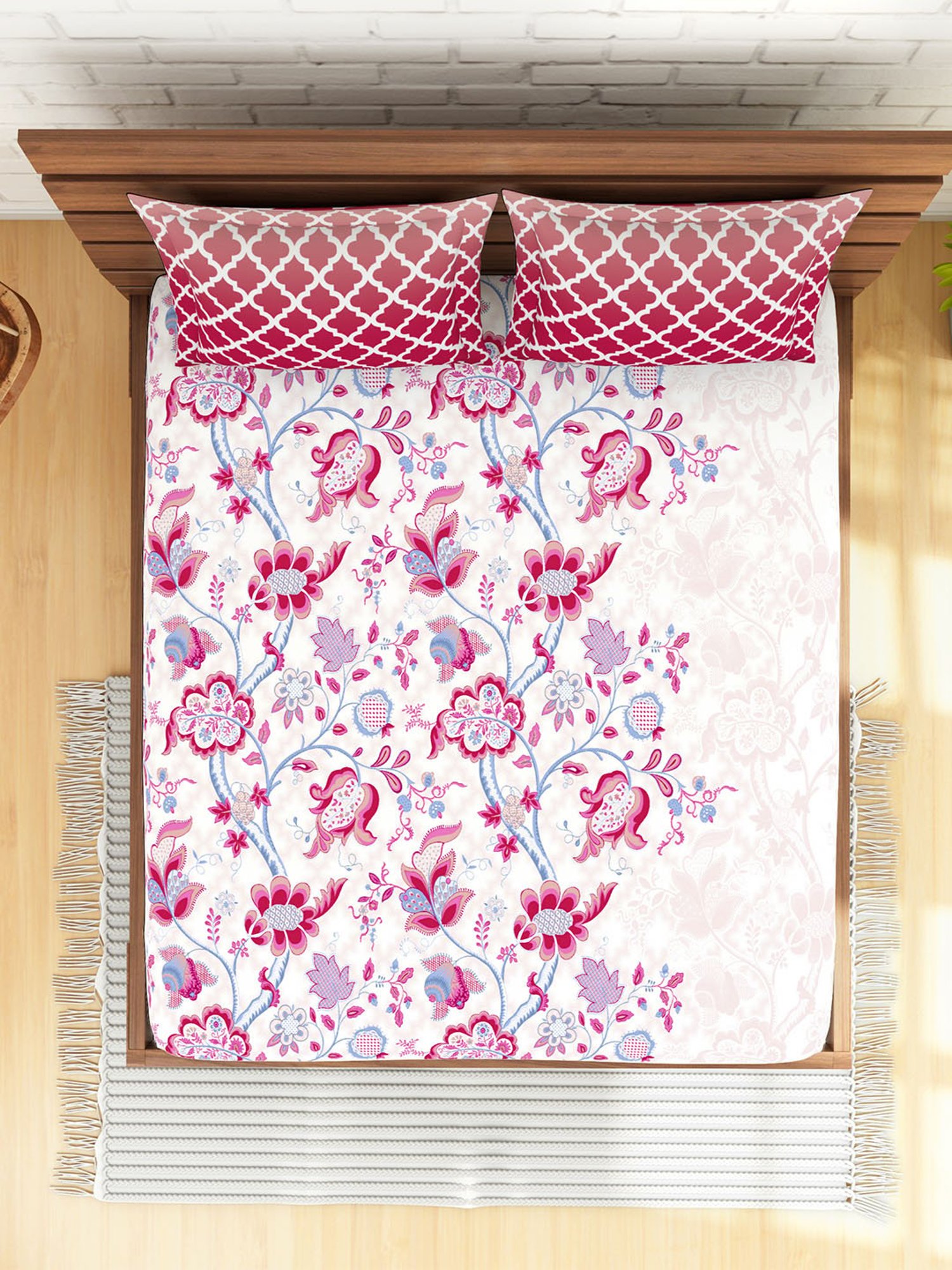 Spaces Pink 144 TC Cotton Double Bed Sheet with Pillow Cover