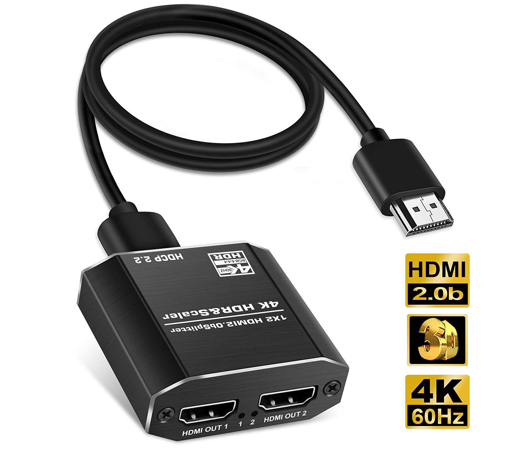 Easyday HDMI Splitter 1 in 2 Out, 1x2 HDMI 2.0b HDCP 2.2 Splitter, 4k@60Hz HDR,4:4:4,DTS-HD/Doby-True HD, Scaler EDID, for Xbox PS4 PS3 Fire Stick Roku Blu-Ray Player Apple TV HDTV