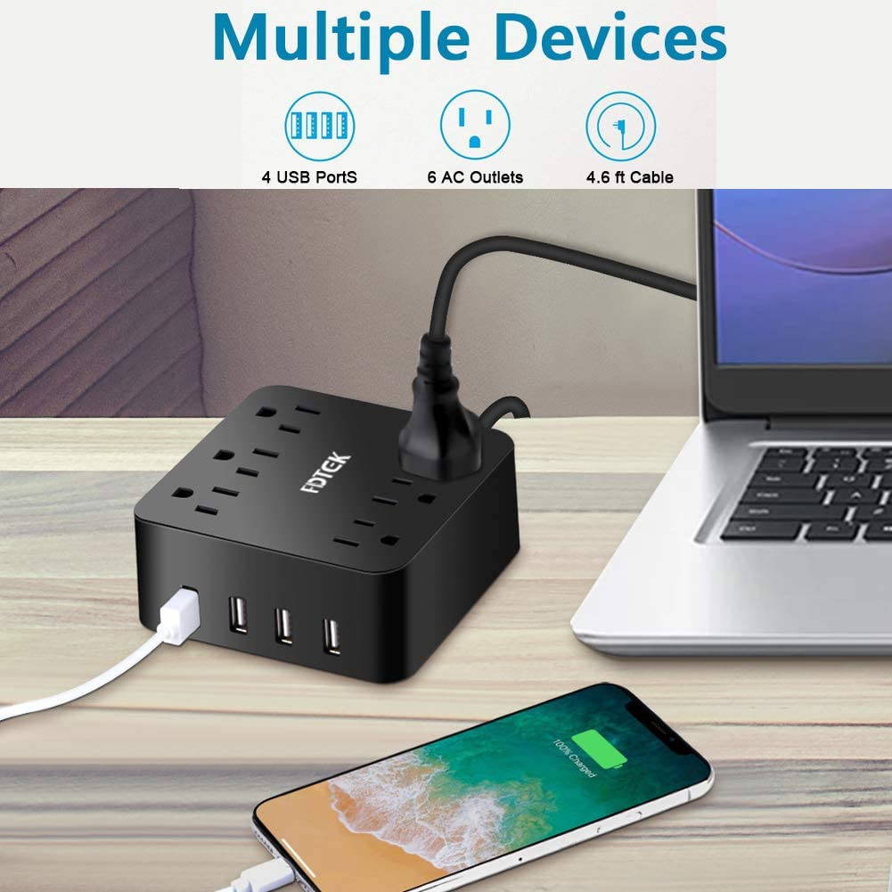 Power Strip Surge Protector with 4 USB Charging Ports and 6 AC Outlet, Desktop Charging Station with 4.6 ft Extension Cord, Circuit Breaker Safeguard Home&Office Accessories, Portable for Travel-Black