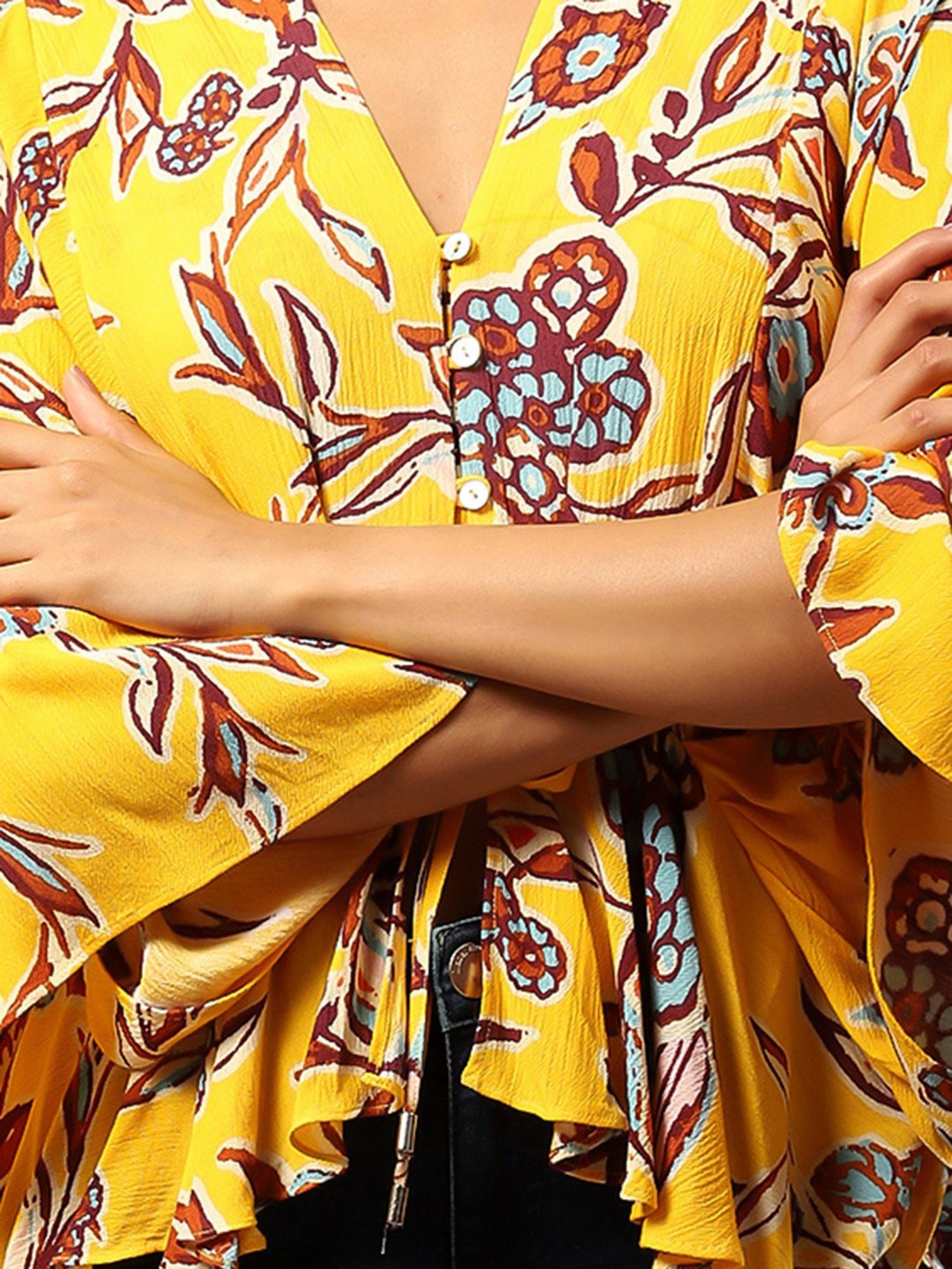 Label Ritu Kumar Yellow & Brown Floral Print Top