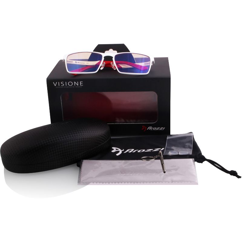 Arozzi Visione VX-800 Computer Blue Light Blocking Gaming Glasses, White & Red Stainless Steel Frame, Tinted Purple Lens (VX800-1)