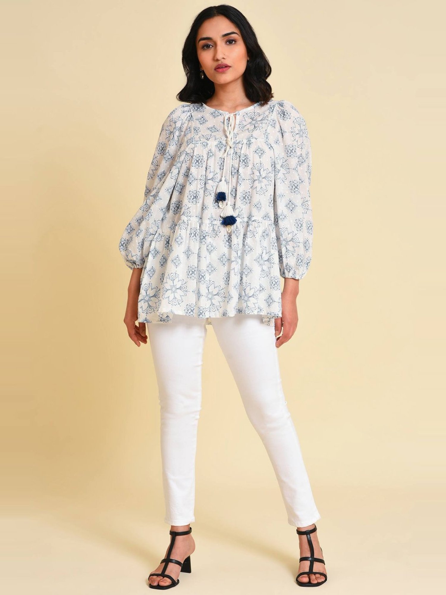 W Off-White Cotton Printed Top