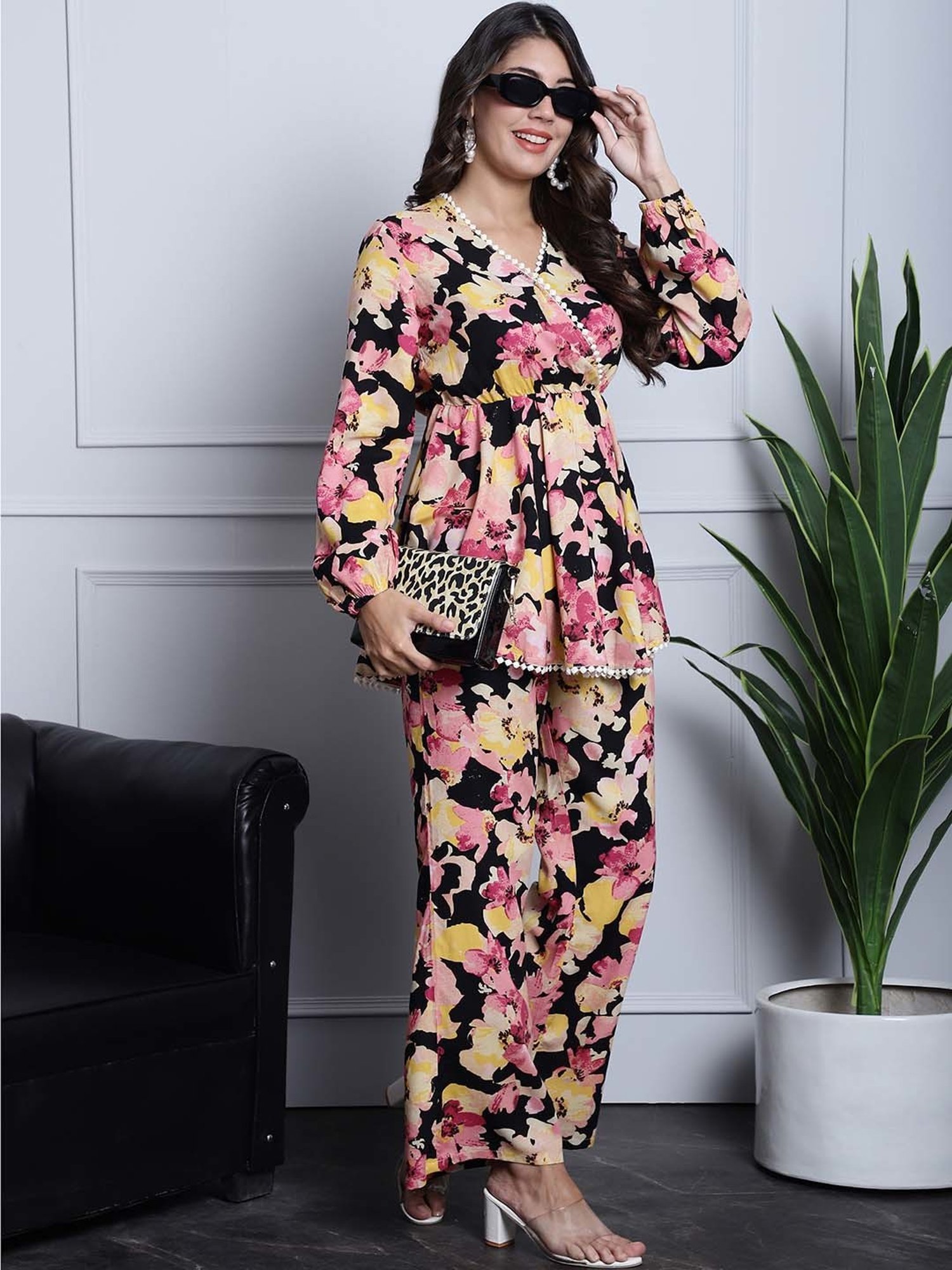 Claura Multicolored Floral Print Top Pant Set
