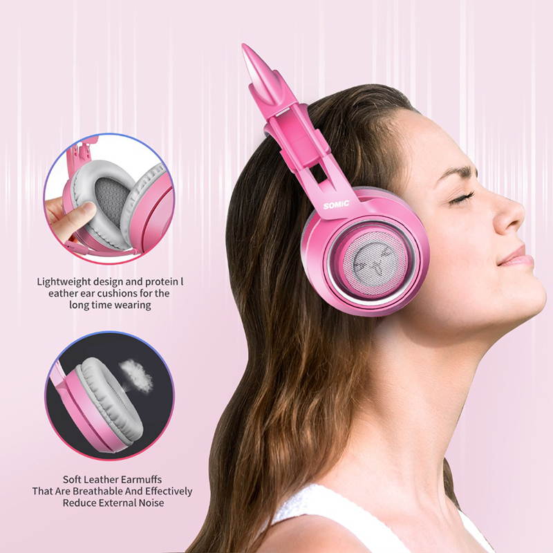 SOMIC Pink Stereo Gaming Headset with Mic for PS4, Xbox One, PC, Mobile Phone, 3.5MM Sound Detachable Cat Ear Headphones Lightweight Self-Adjusting Over Ear Headphones for Women